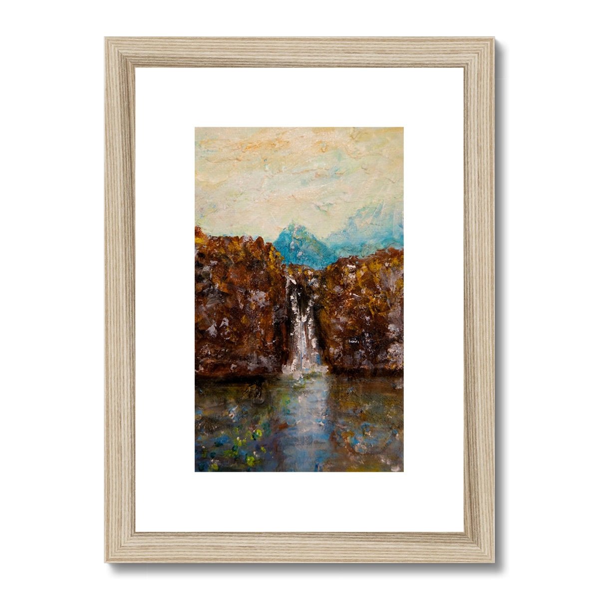 Skye Fairy Pools Painting | Framed & Mounted Prints From Scotland-Framed & Mounted Prints-Skye Art Gallery-A4 Portrait-Natural Frame-Paintings, Prints, Homeware, Art Gifts From Scotland By Scottish Artist Kevin Hunter