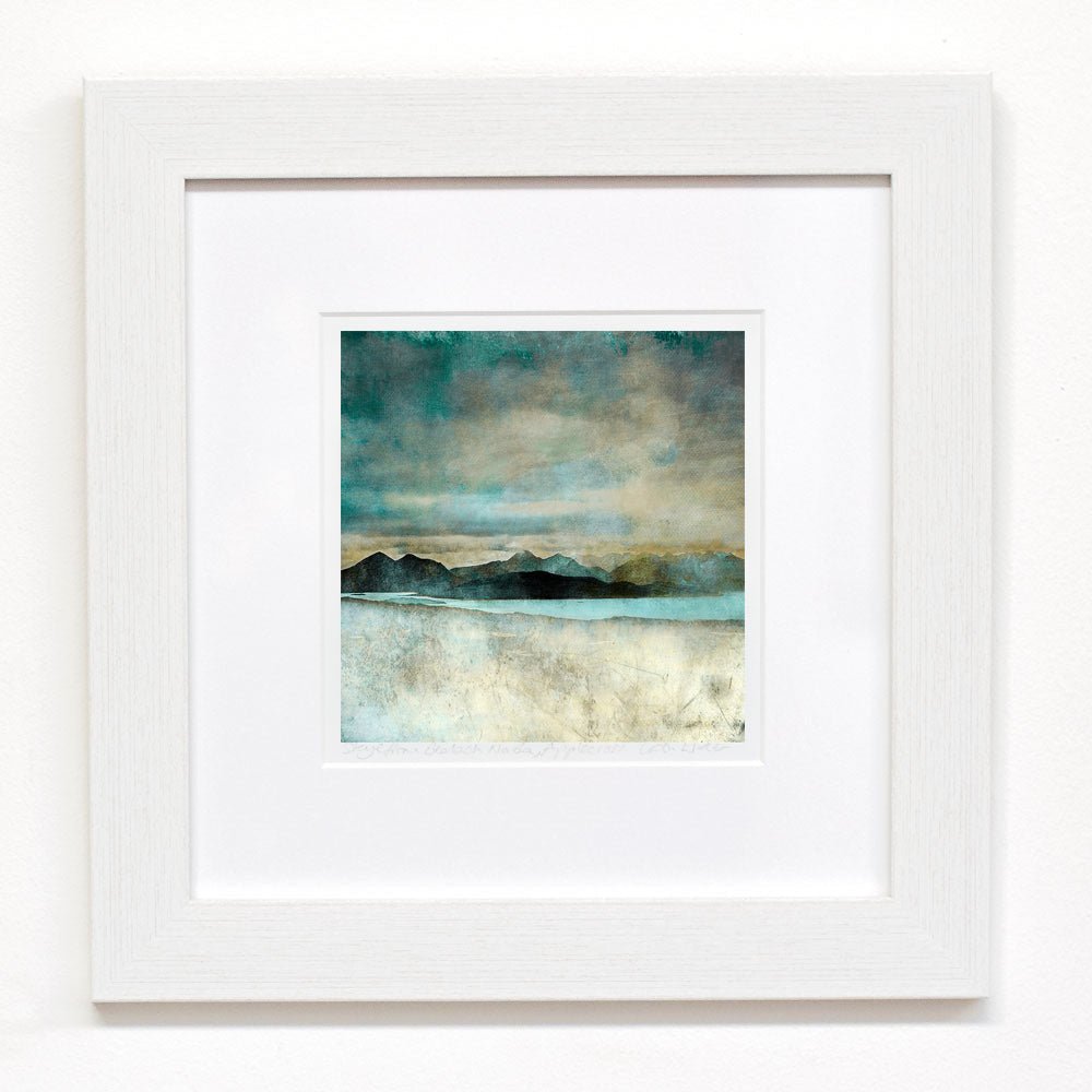 White framed abstract landscape painting skye from the bealach print with teal gray and beige watercolor washes