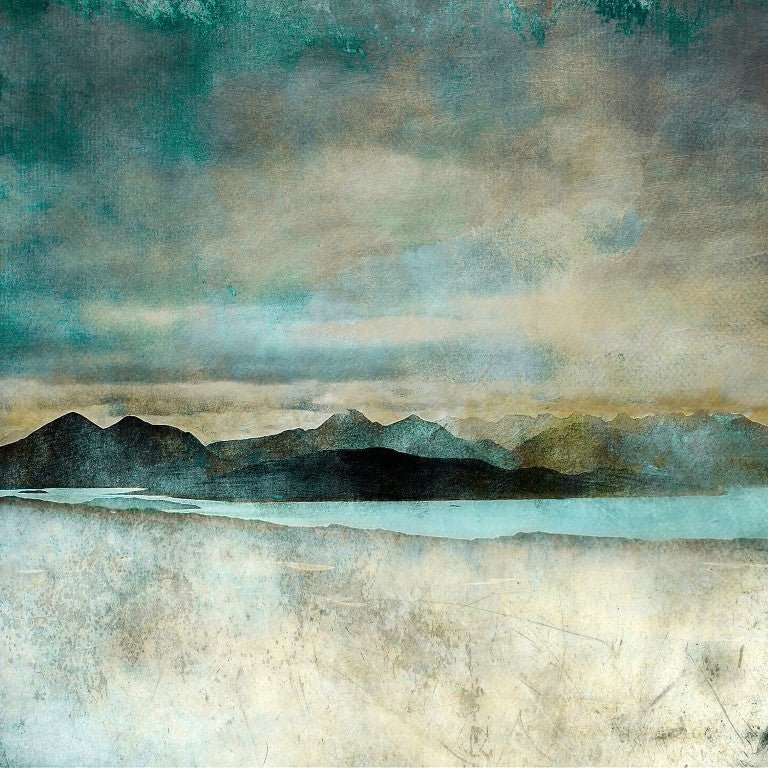 Skye bealach print featuring a textured watercolor landscape with layered teal and gray mountain silhouettes