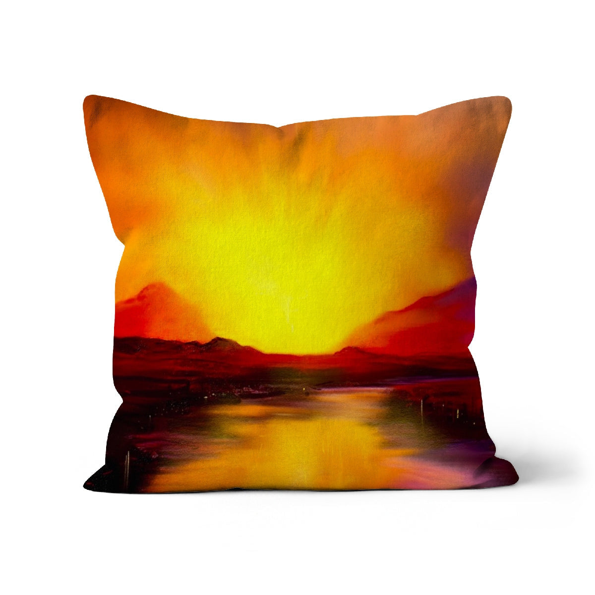 Skye Sunset Cushion square throw pillow with vibrant sunset over water and mountains