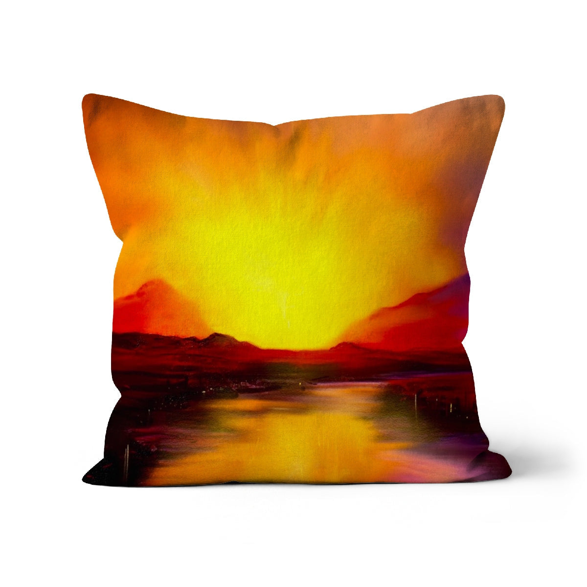 Square Skye Sunset Cushion with vibrant sunset landscape design for home decor