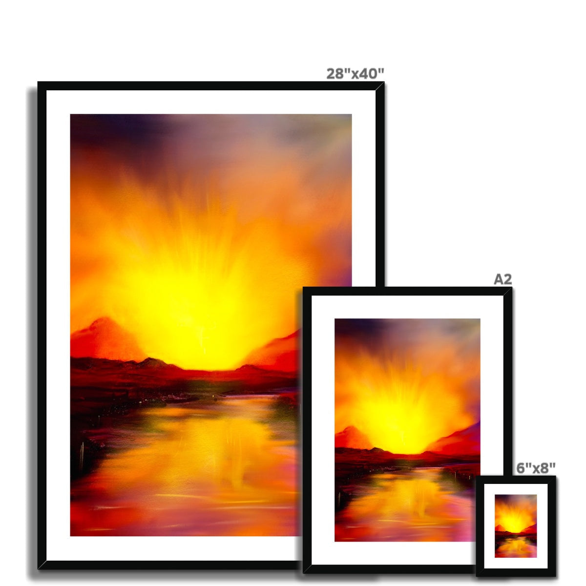 Three framed prints of a vibrant sunset over a lake in the Skye Sunset Framed & Mounted Print collection