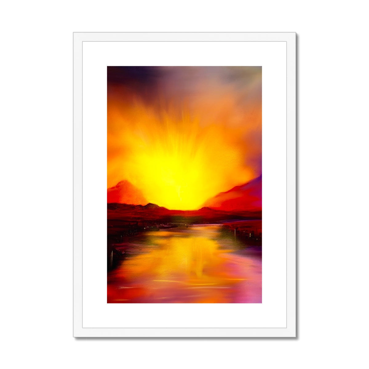 Vibrant framed Skye Sunset print depicting a sunset over a body of water