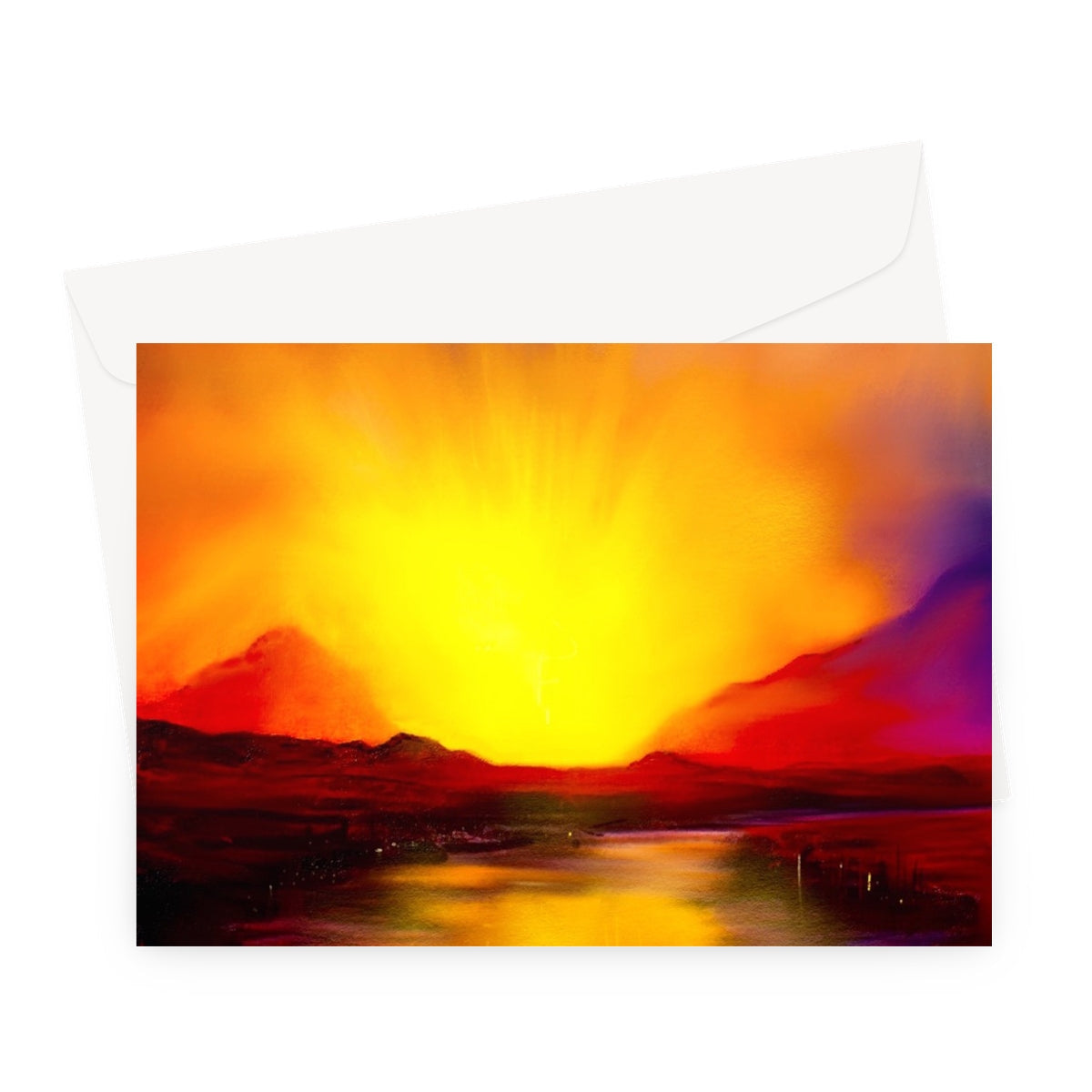 Skye Sunset Greeting Card featuring a vibrant sunset landscape painting