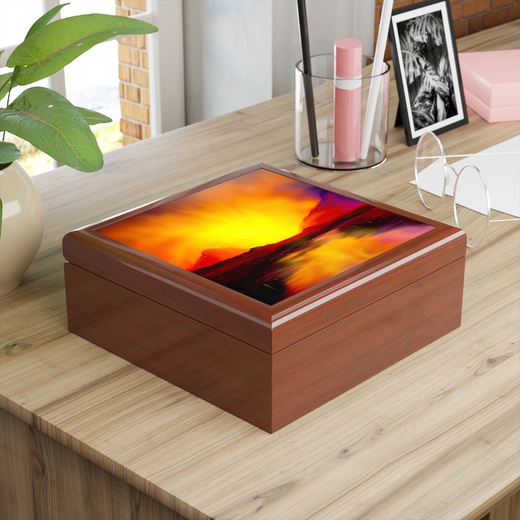 Rectangular wooden Skye Sunset jewellery box with vibrant abstract sunset design on lid