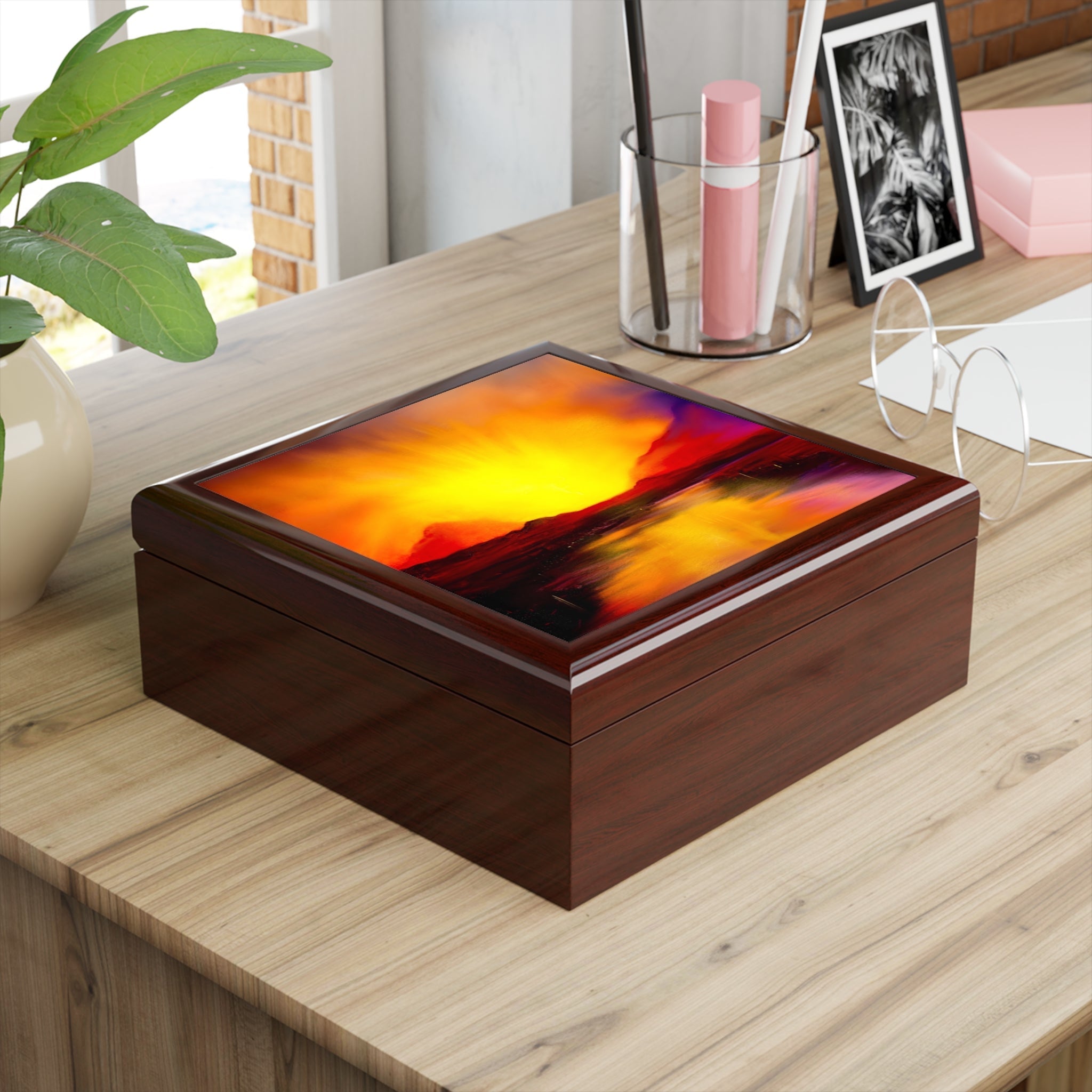 Dark brown wooden Skye Sunset jewellery box with vibrant abstract sunset design on glossy lid
