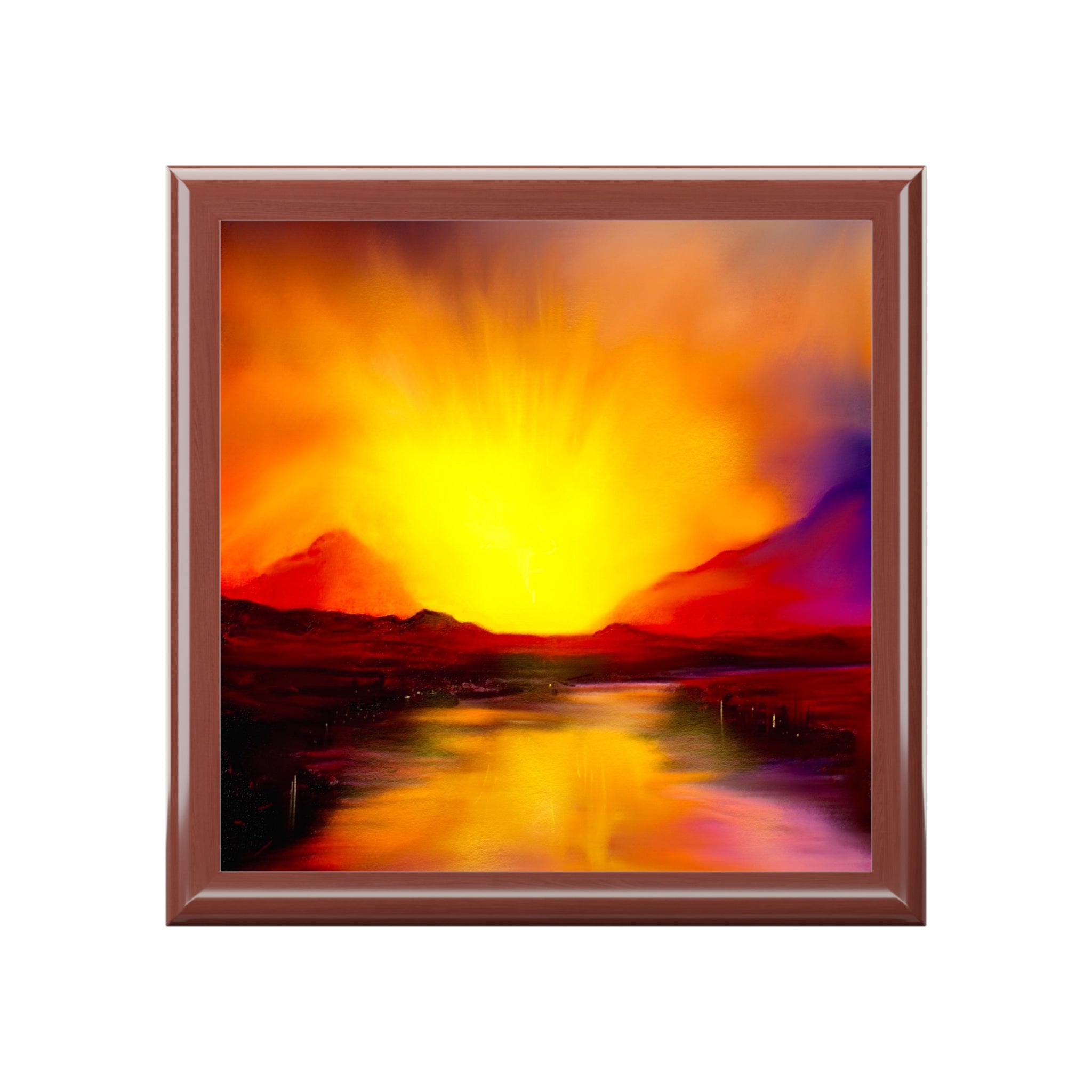 Skye Sunset jewellery box featuring a vivid sunset over reflective water painting