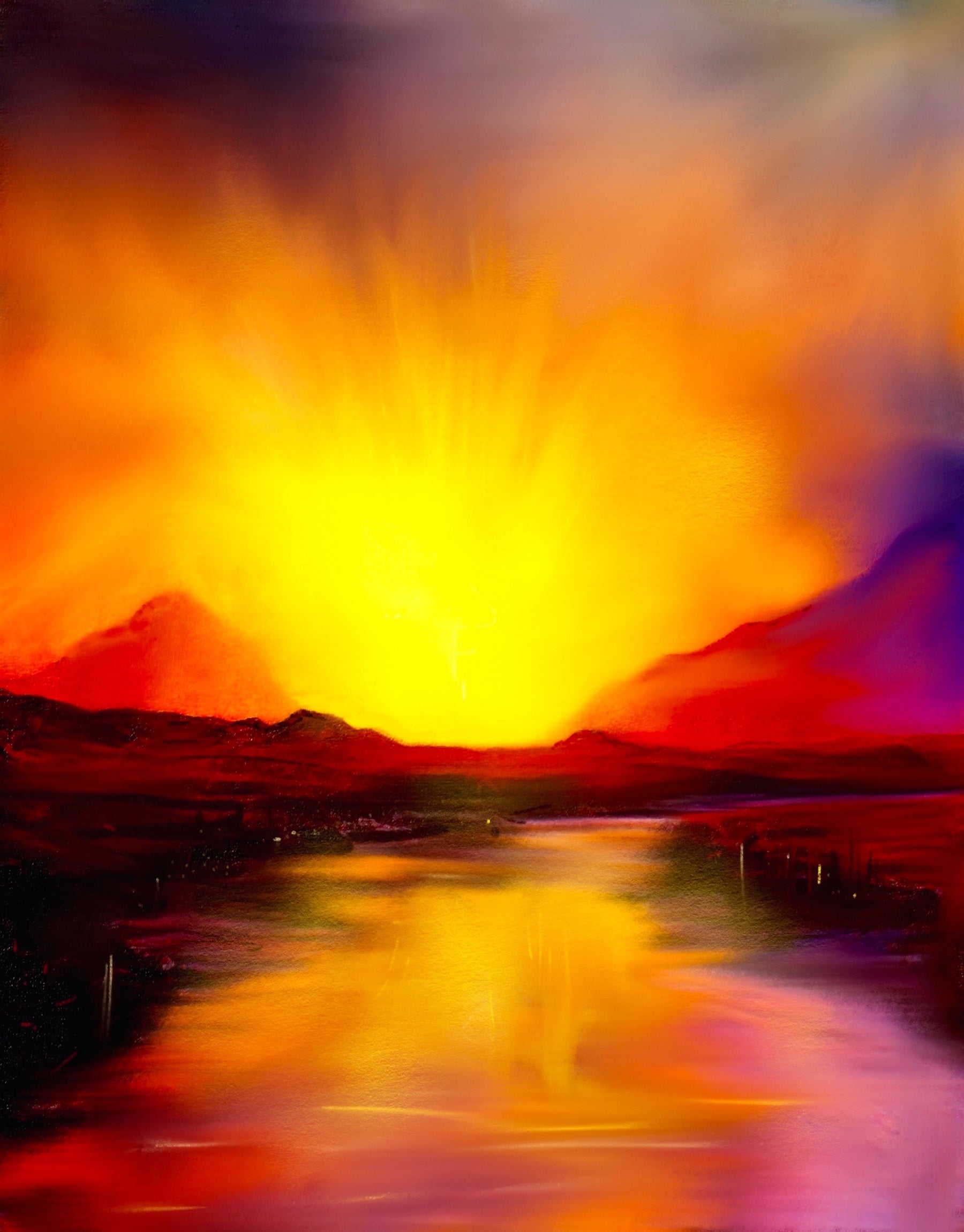 Skye Sunset original Scottish landscape painting with yellow and orange sunset and mountains