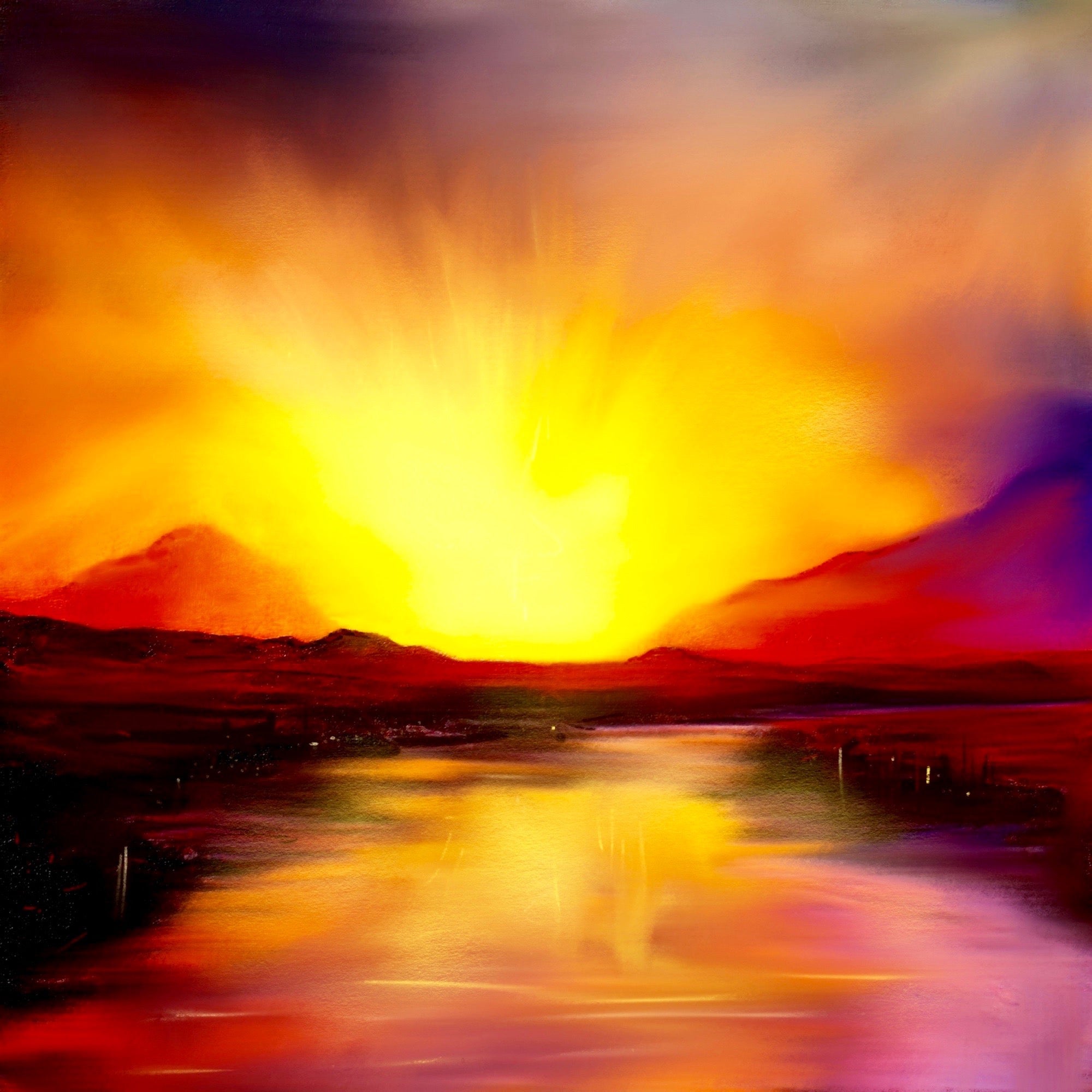 Vibrant oil painting of a sunset over a river with mountains in Skye Sunset Scotland In Your Pocket