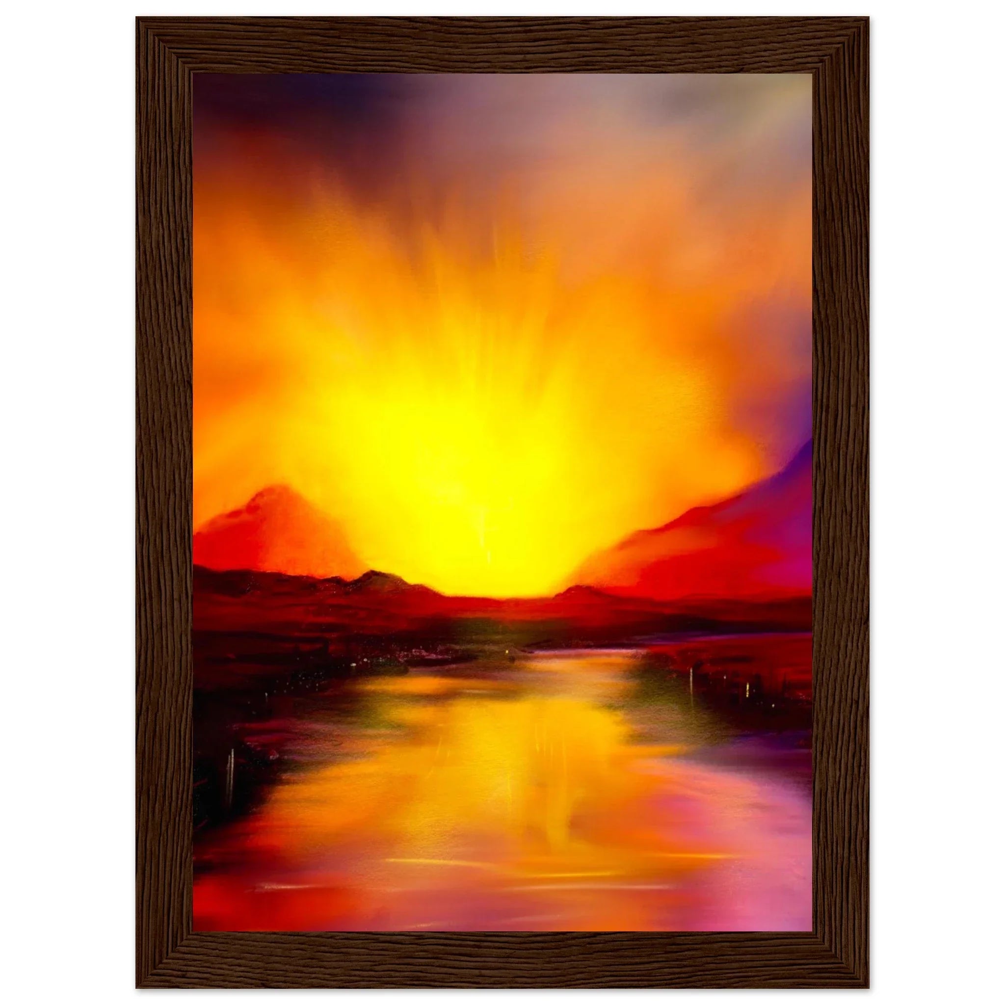 Vibrant Skye Sunset landscape painting in dark brown wooden frame