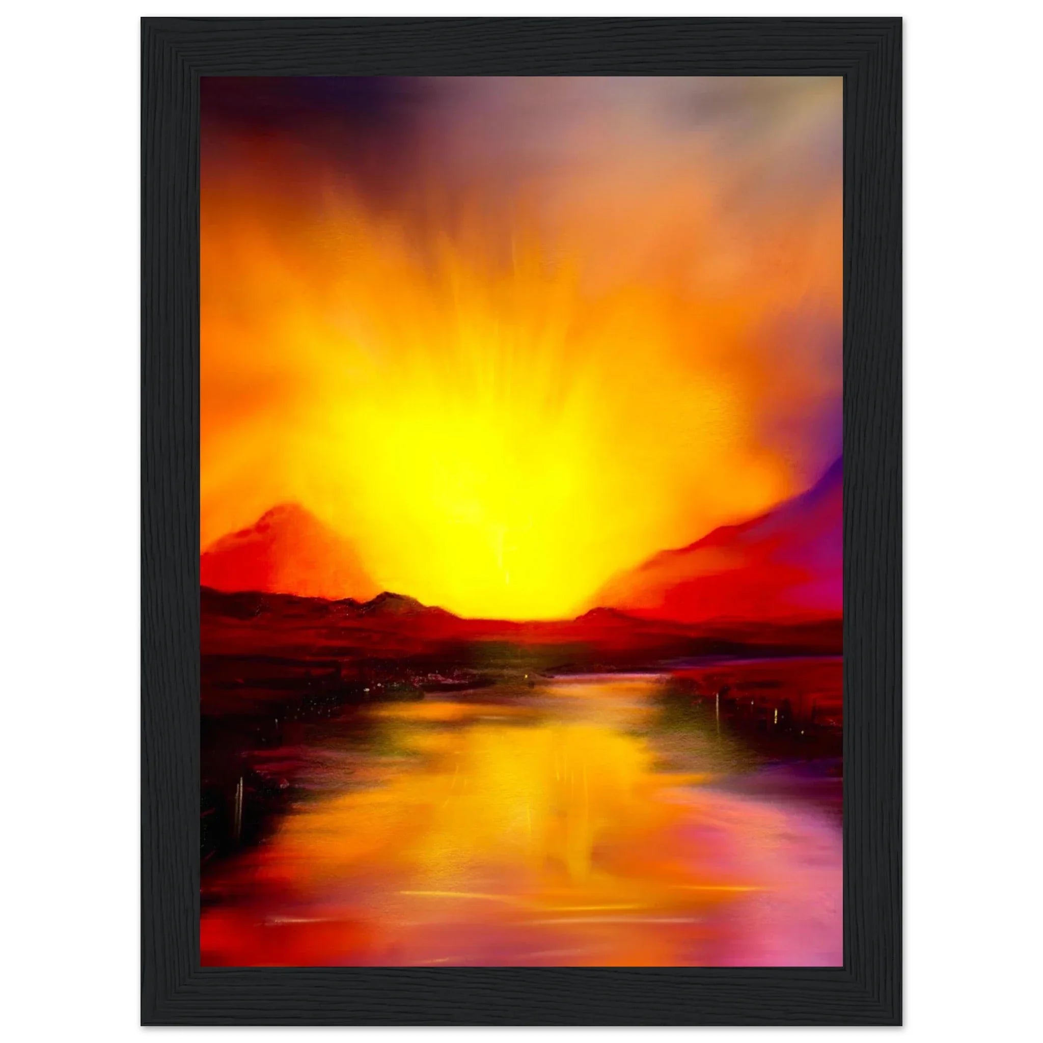 Skye Sunset artwork: vibrant orange, yellow, red, purple sunset over Scottish mountains and water in black frame