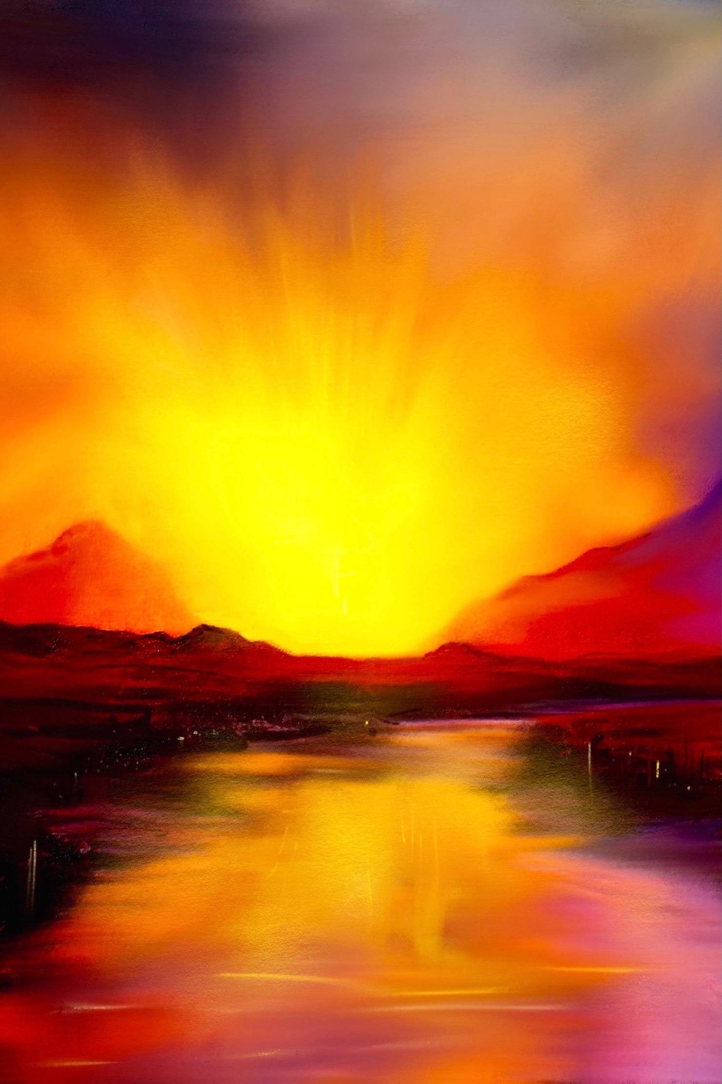 Vivid abstract landscape painting of a fiery sunset over reflective water in Skye Sunset art