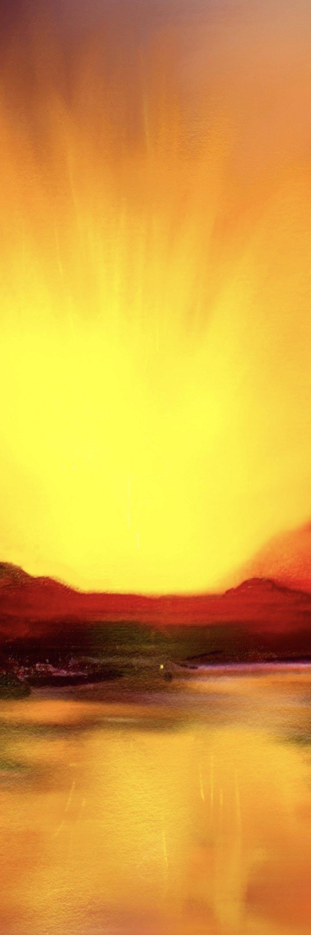 Vibrant abstract sunset painting over water with distant mountains for Skye Sunset Triptych