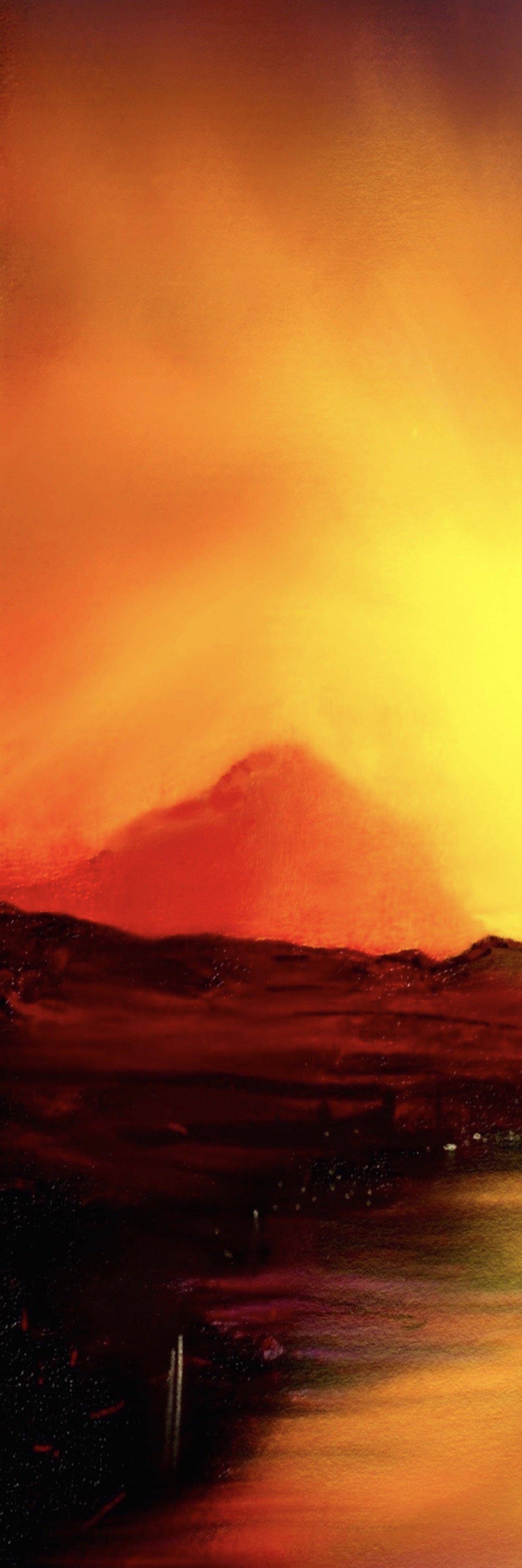 Vibrant abstract sunset painting of mountains and water in Skye Sunset Triptych Wall Art