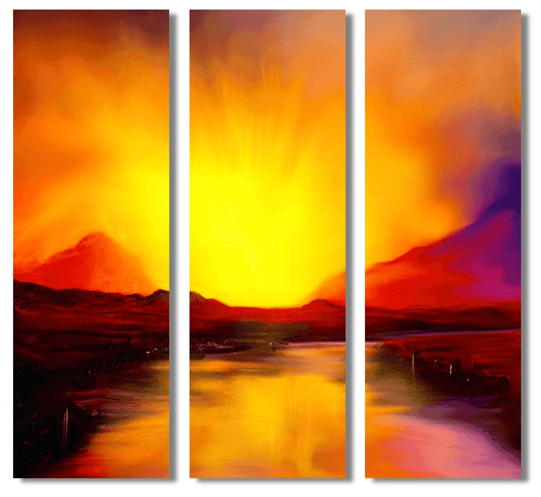 Triptych sunset landscape painting displayed as Skye Sunset Triptych interior wall art from Scotland