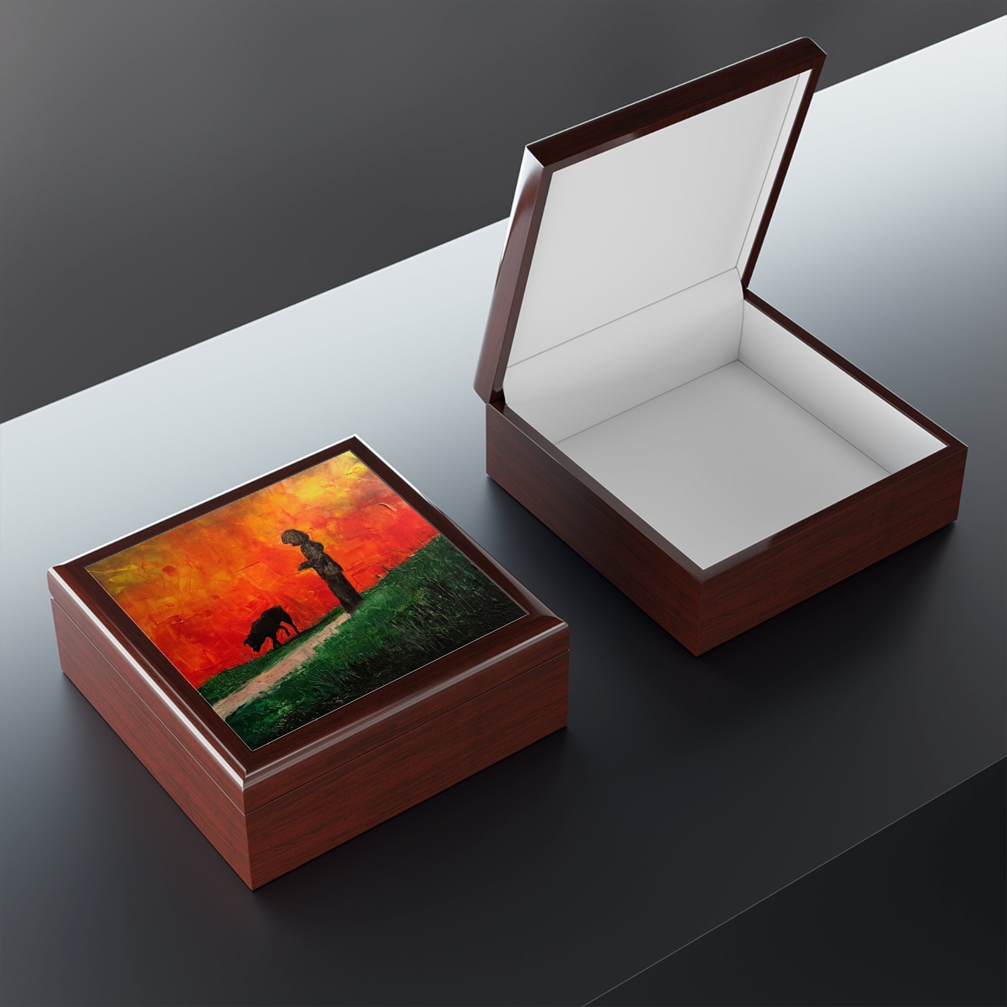 Skylee brown wooden pet portrait jewelry box with orange green Scotland scene