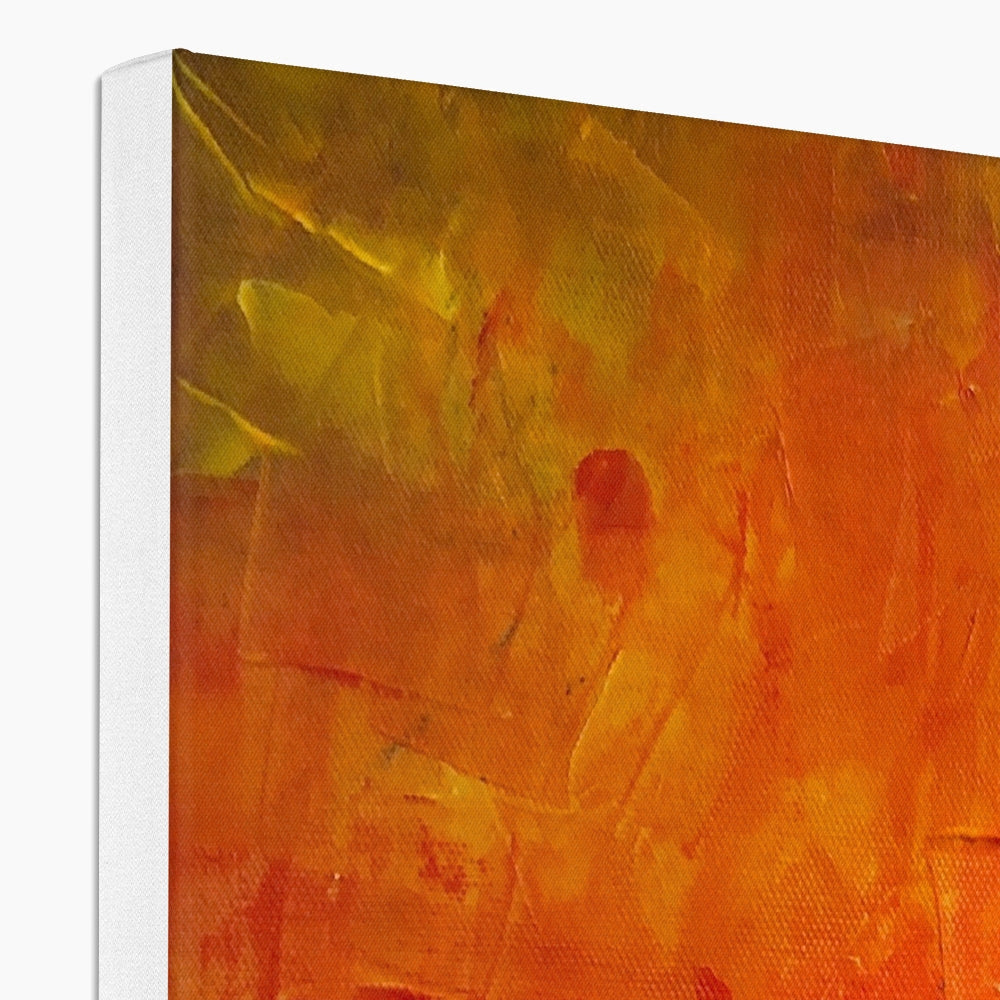 Vibrant abstract canvas painting with bold orange, yellow, red strokes by Skylee