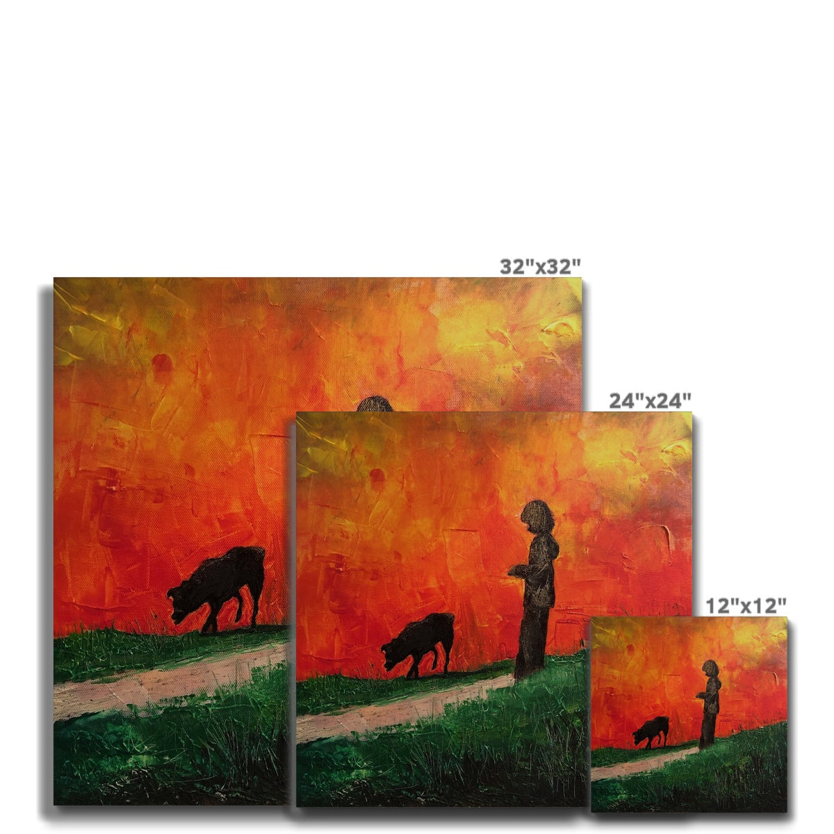 Three framed silhouette paintings of child and two bison at orange sunset, 12x12 to 32x32 inches, Skylee canvas prints