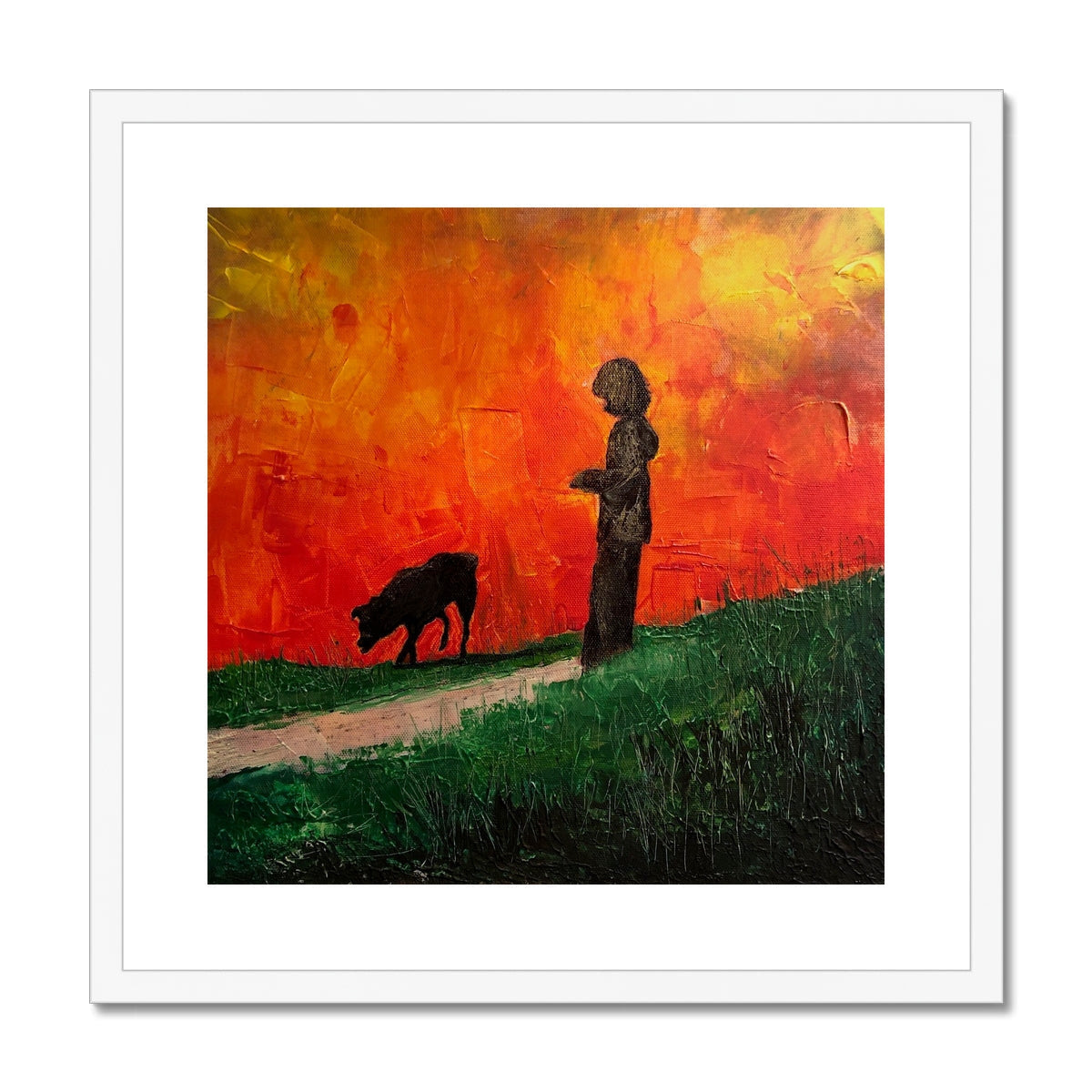 Silhouette of person and dog at orange sunset in Skylee pet portrait print