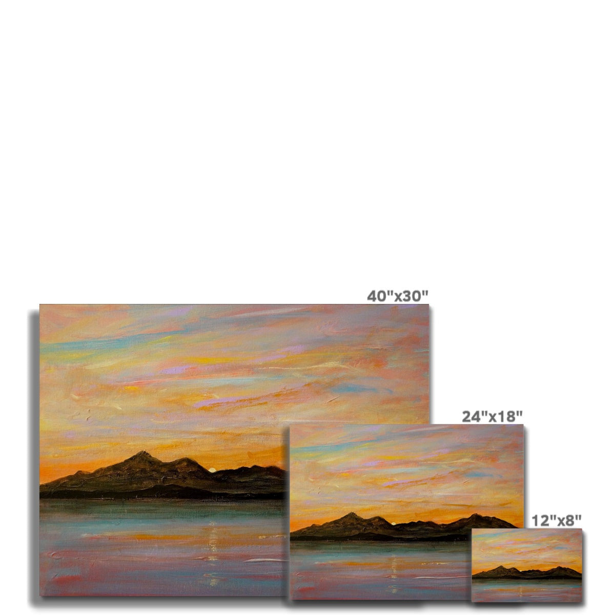 Three canvas prints of a mountain and lake landscape at sunset for The Sleeping Warrior Arran Canvas
