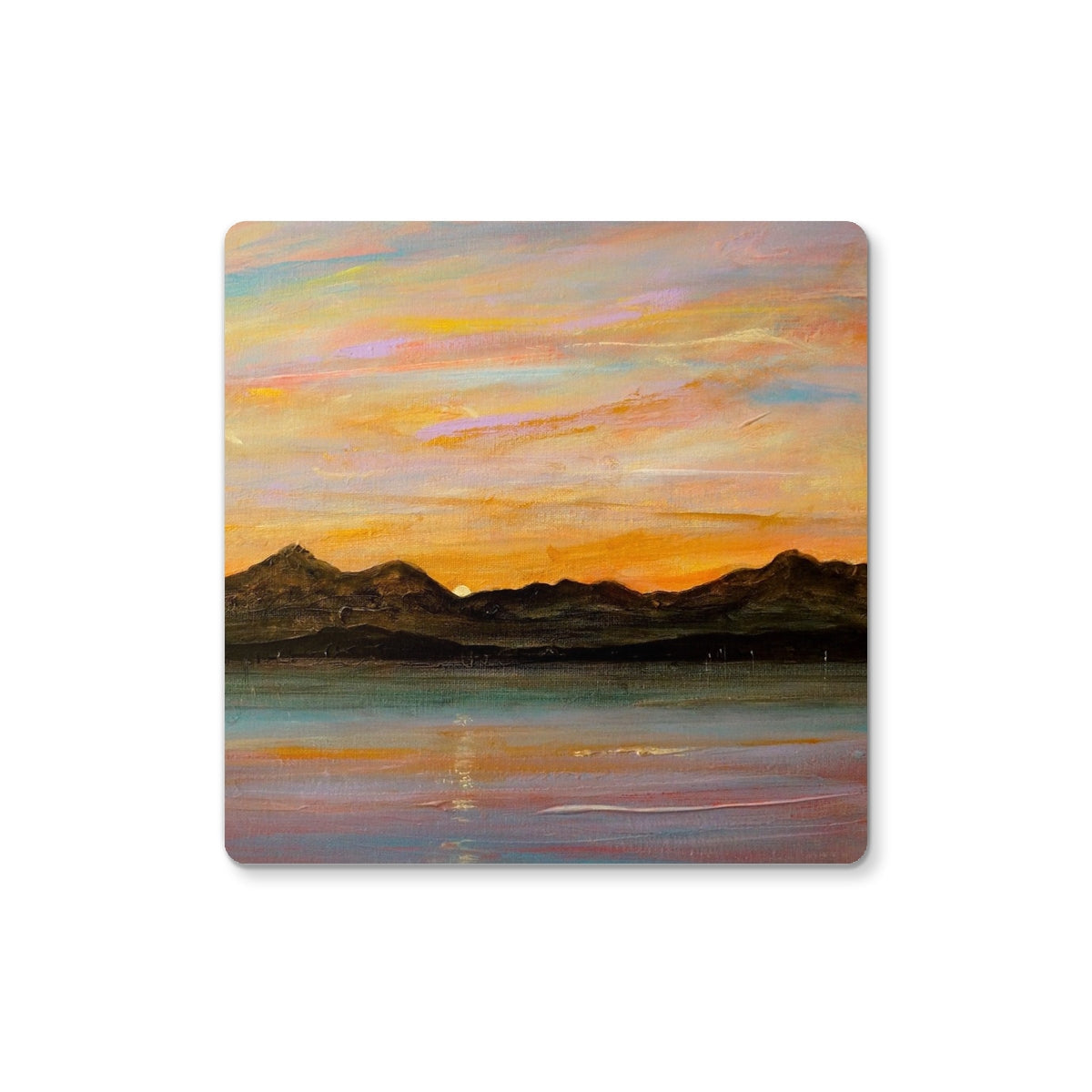 Square art print of a sunset landscape over water with mountains for The Sleeping Warrior Arran Coaster