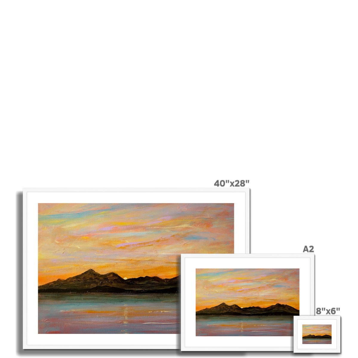 Three framed landscape paintings of varying sizes displayed with The Sleeping Warrior Arran print