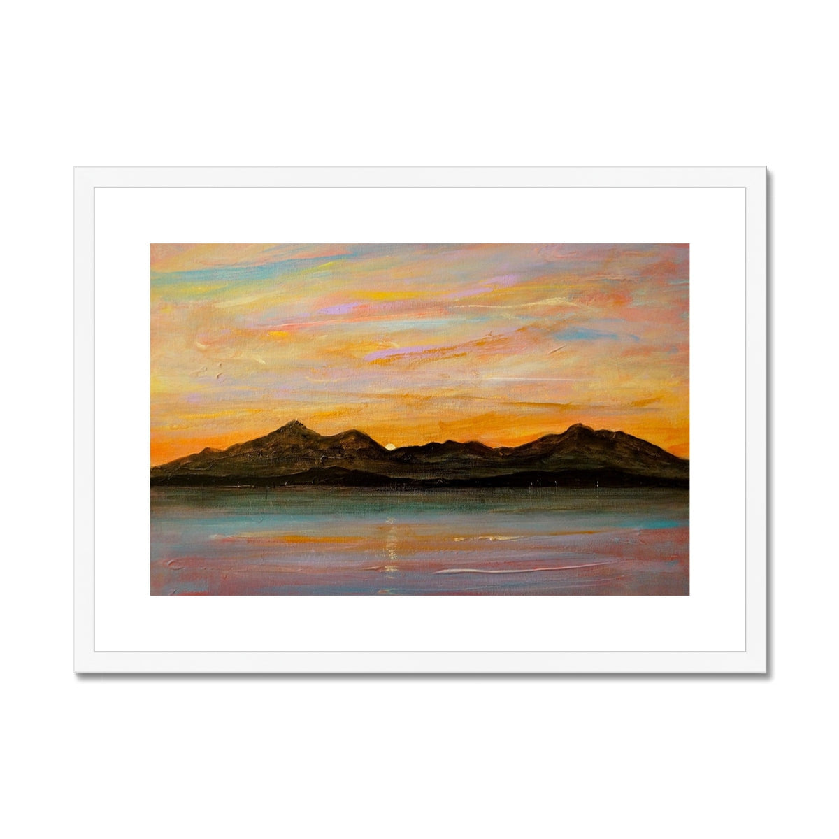 Framed oil painting of a sunset over mountains and water in The Sleeping Warrior Arran print