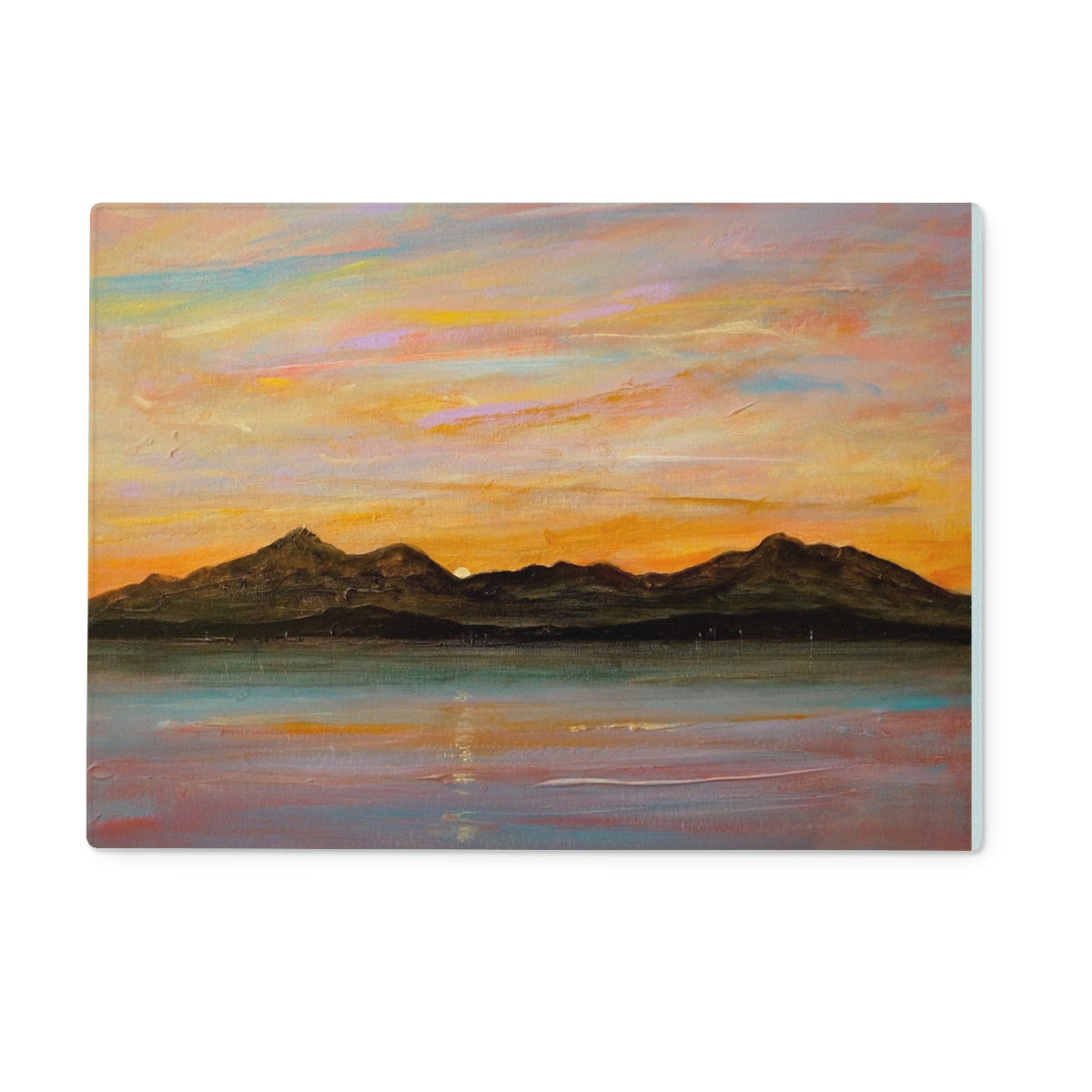 Vibrant oil painting of a sunset over mountains and water on The Sleeping Warrior Arran Glass Chopping Board