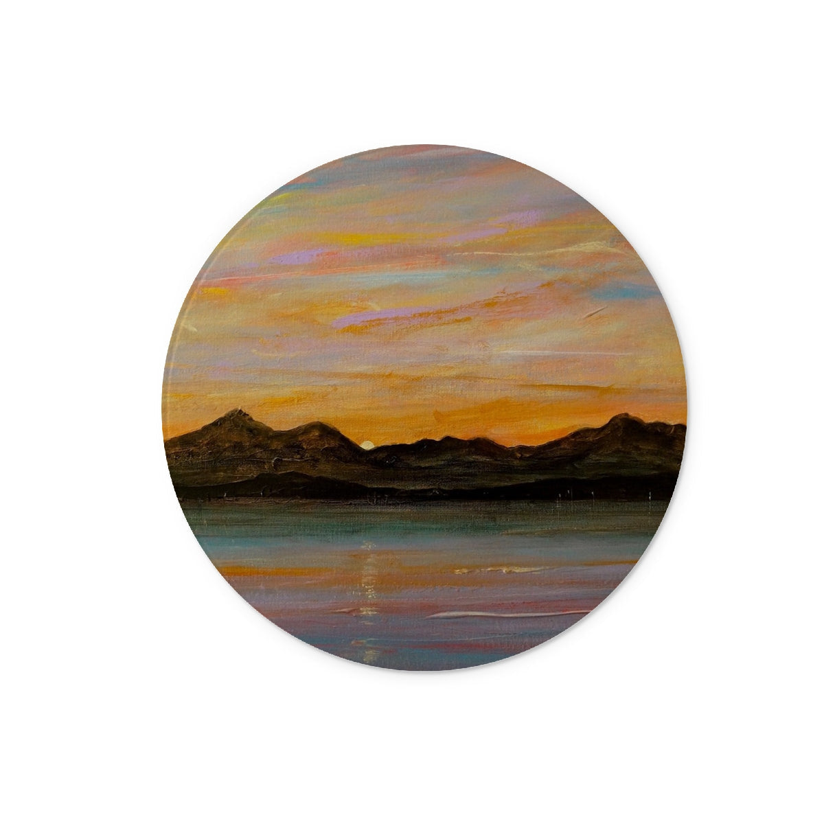 Circular landscape painting of a sunset over mountains and water on The Sleeping Warrior Arran Glass Chopping Board