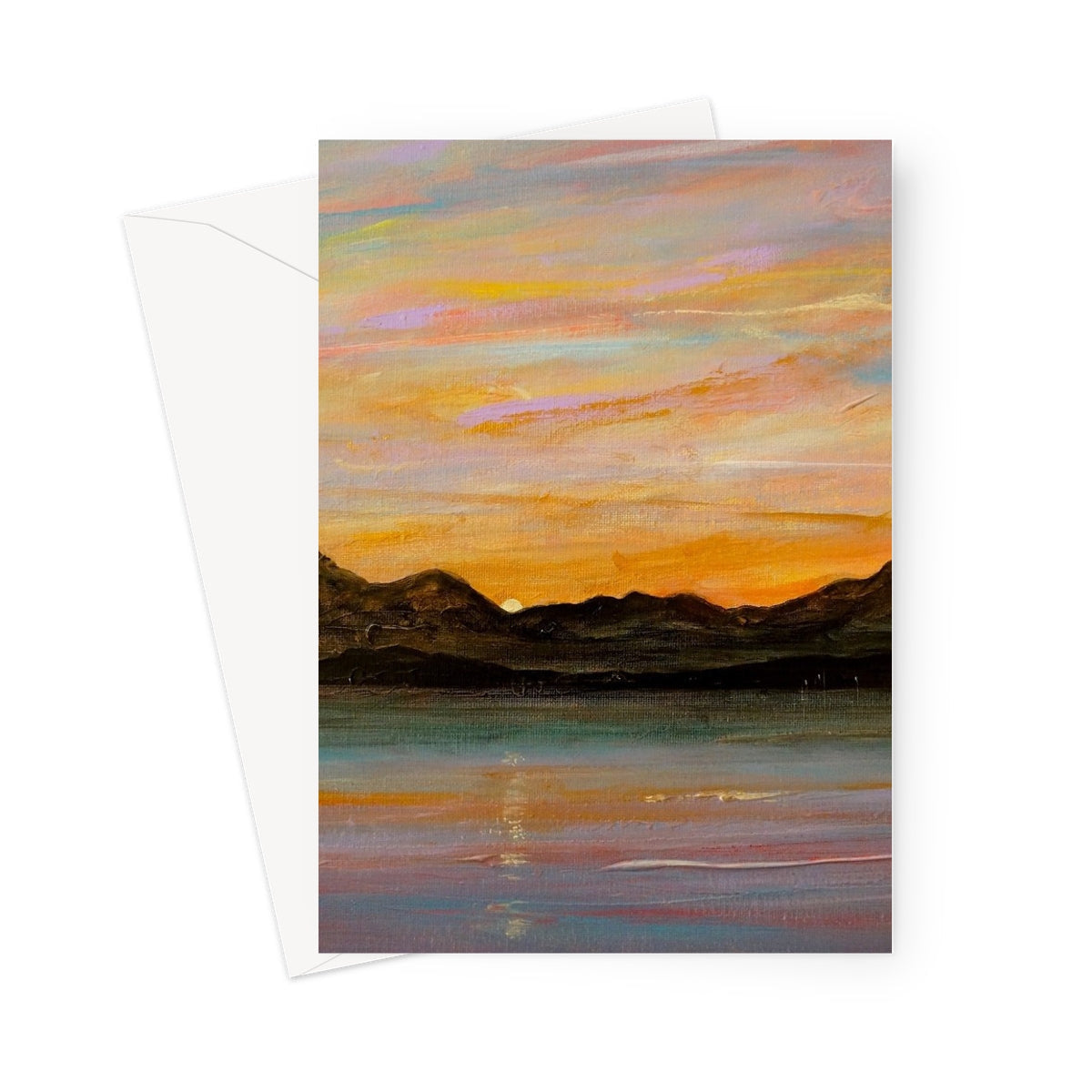 The Sleeping Warrior Arran Greeting Card with vibrant sunset landscape over water and mountains