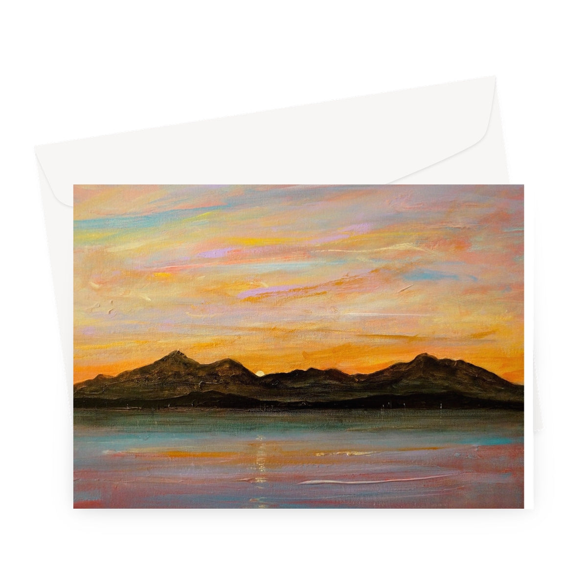 Horizontal greeting card with painted sunset landscape of mountains and lake for The Sleeping Warrior Arran