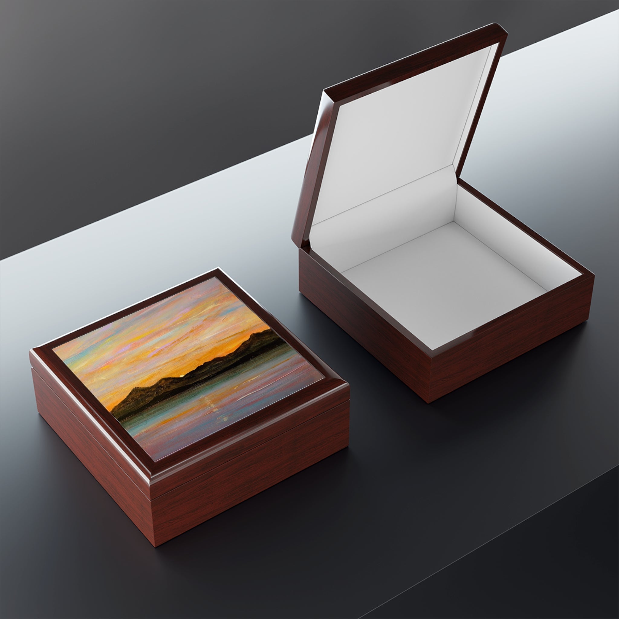 The Sleeping Warrior Arran jewelry box with painted sunset lid