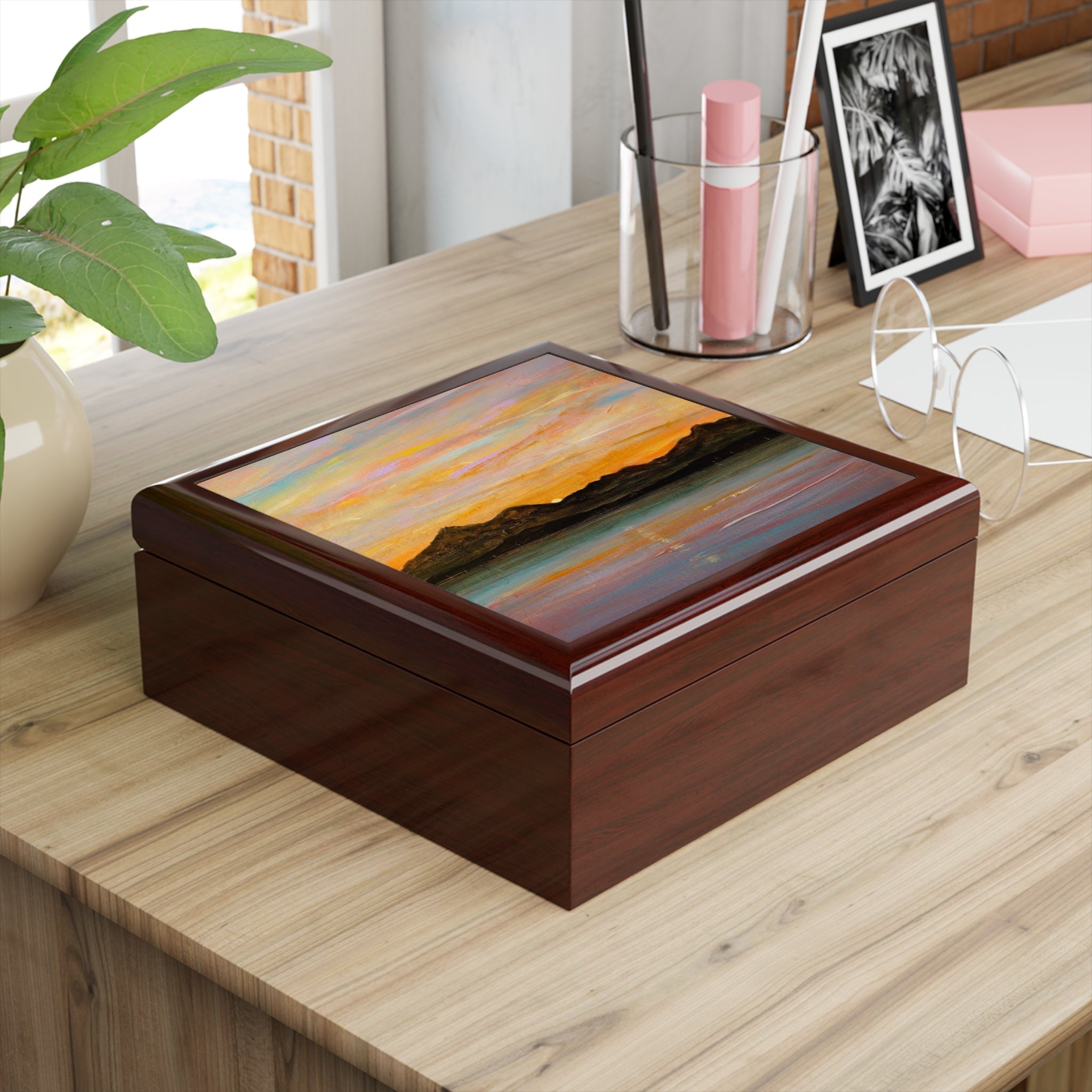 Dark brown wooden Sleeping Warrior Arran jewellery box with sunset lid