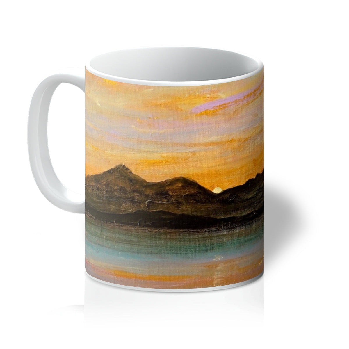 White ceramic Mug featuring a painted sunset over Mountains and Water, The Sleeping Warrior Arran Mug