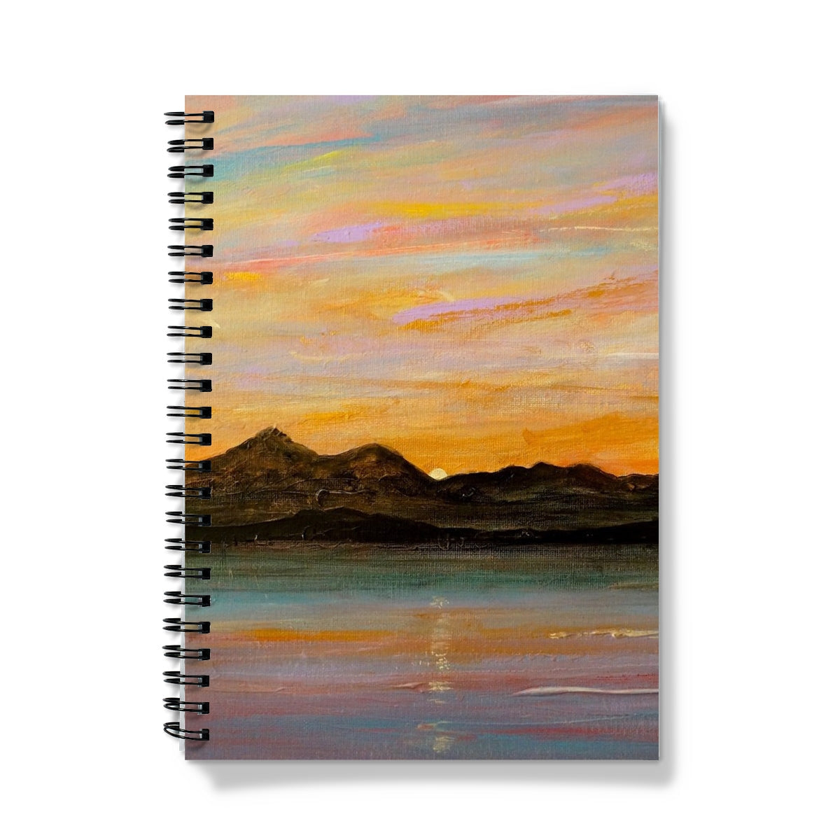 Spiral-bound The Sleeping Warrior Arran Notebook with painted sunset mountain and lake scene