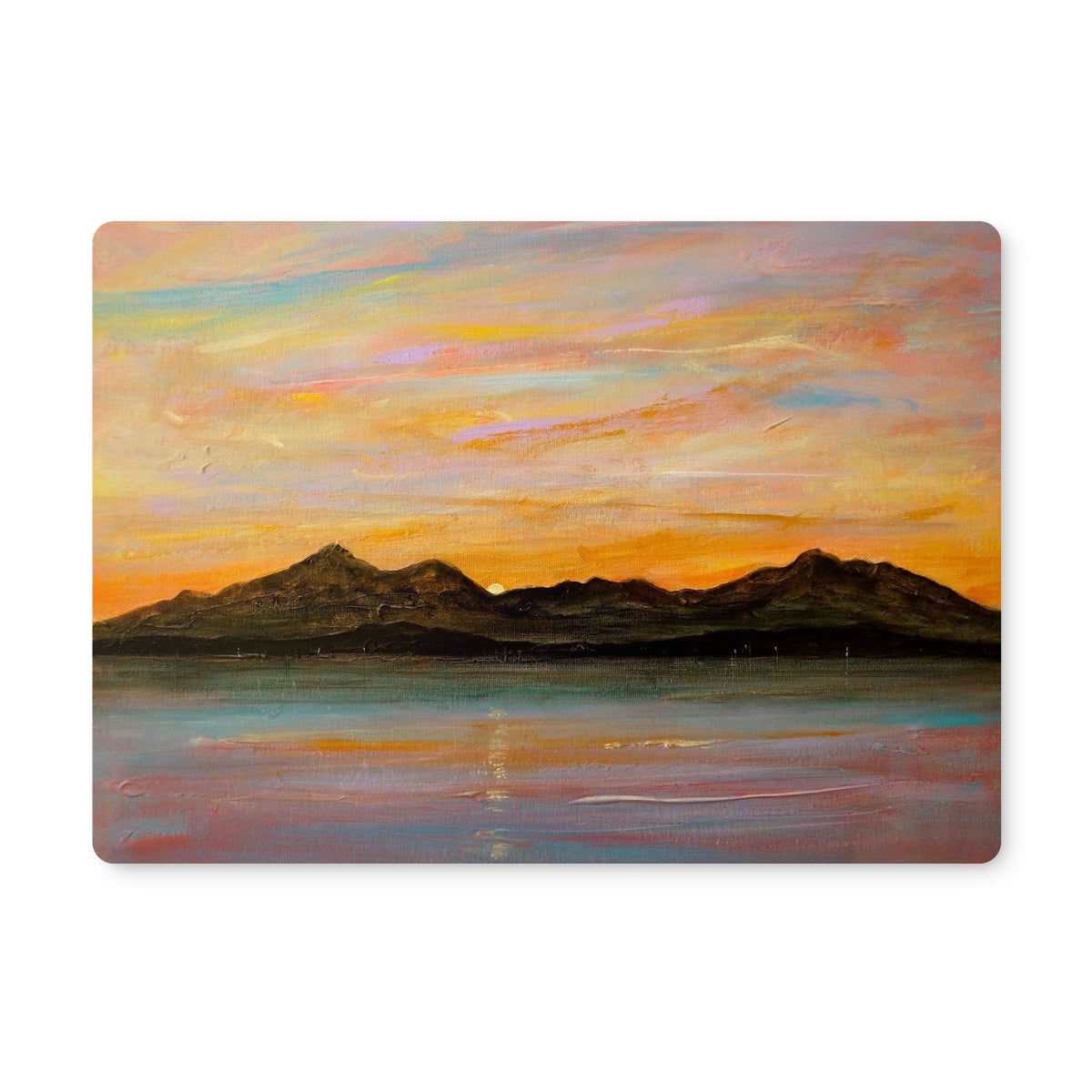 Landscape painting of Mountains over water at sunset on The Sleeping Warrior Arran Placemat