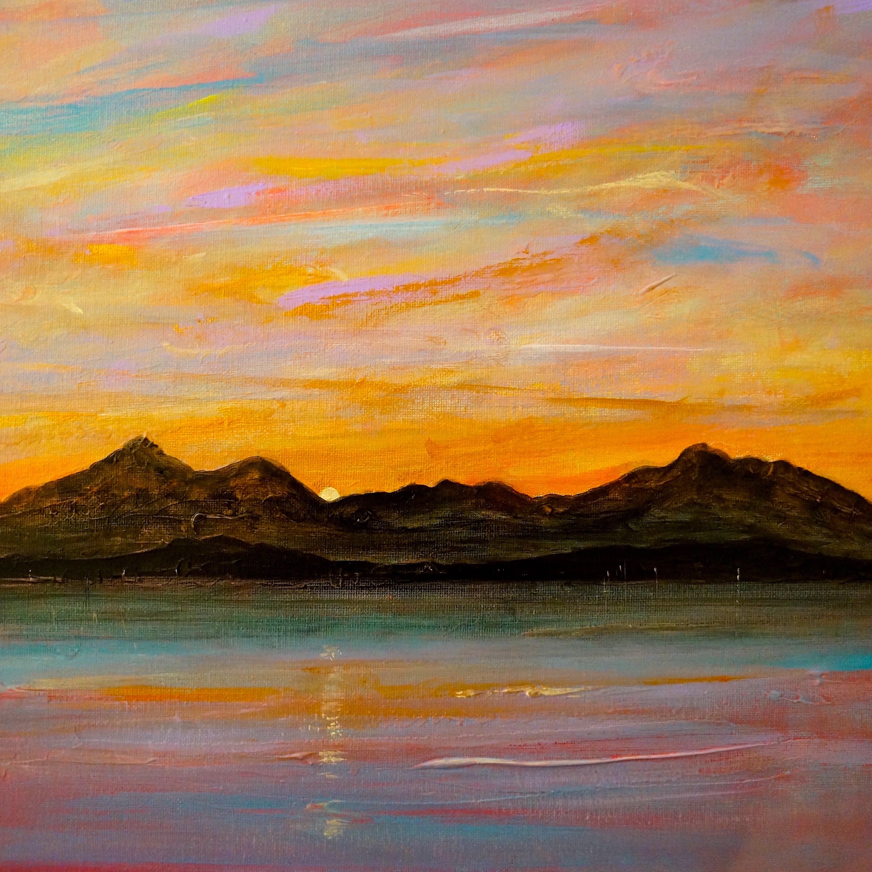 Vibrant oil painting of sunset over Mountains and Water in The Sleeping Warrior Arran Scotland In Your Pocket