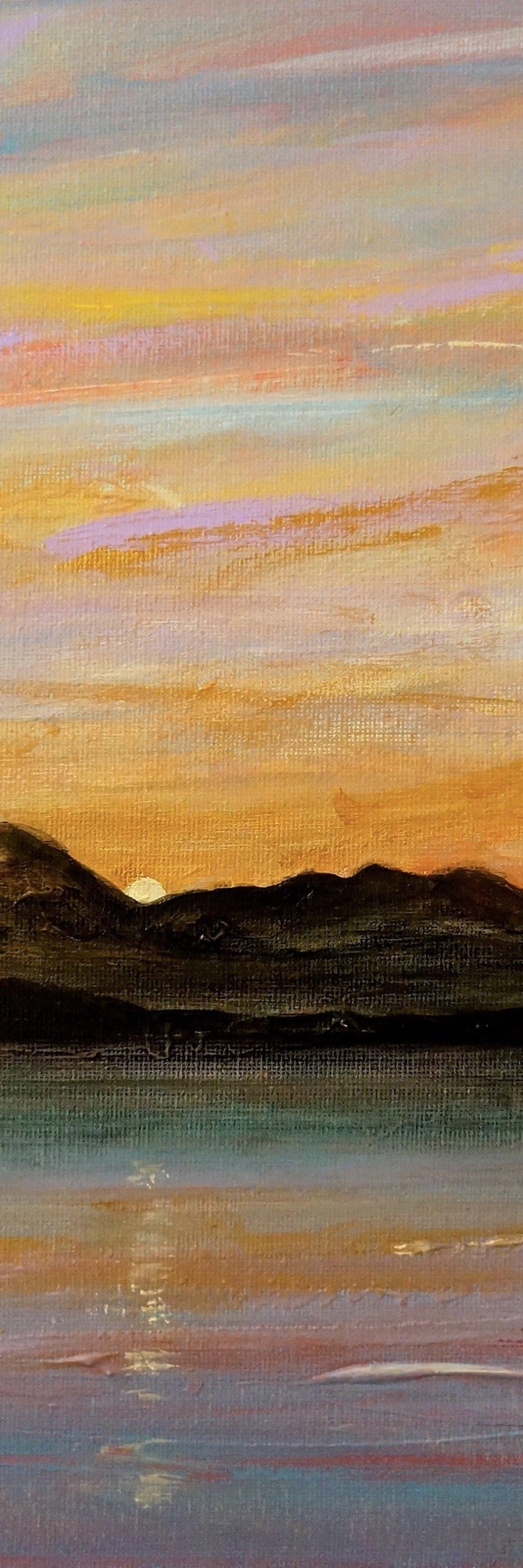 Vibrant oil painting of a sunset over mountains and water for Sleeping Warrior Arran Triptych