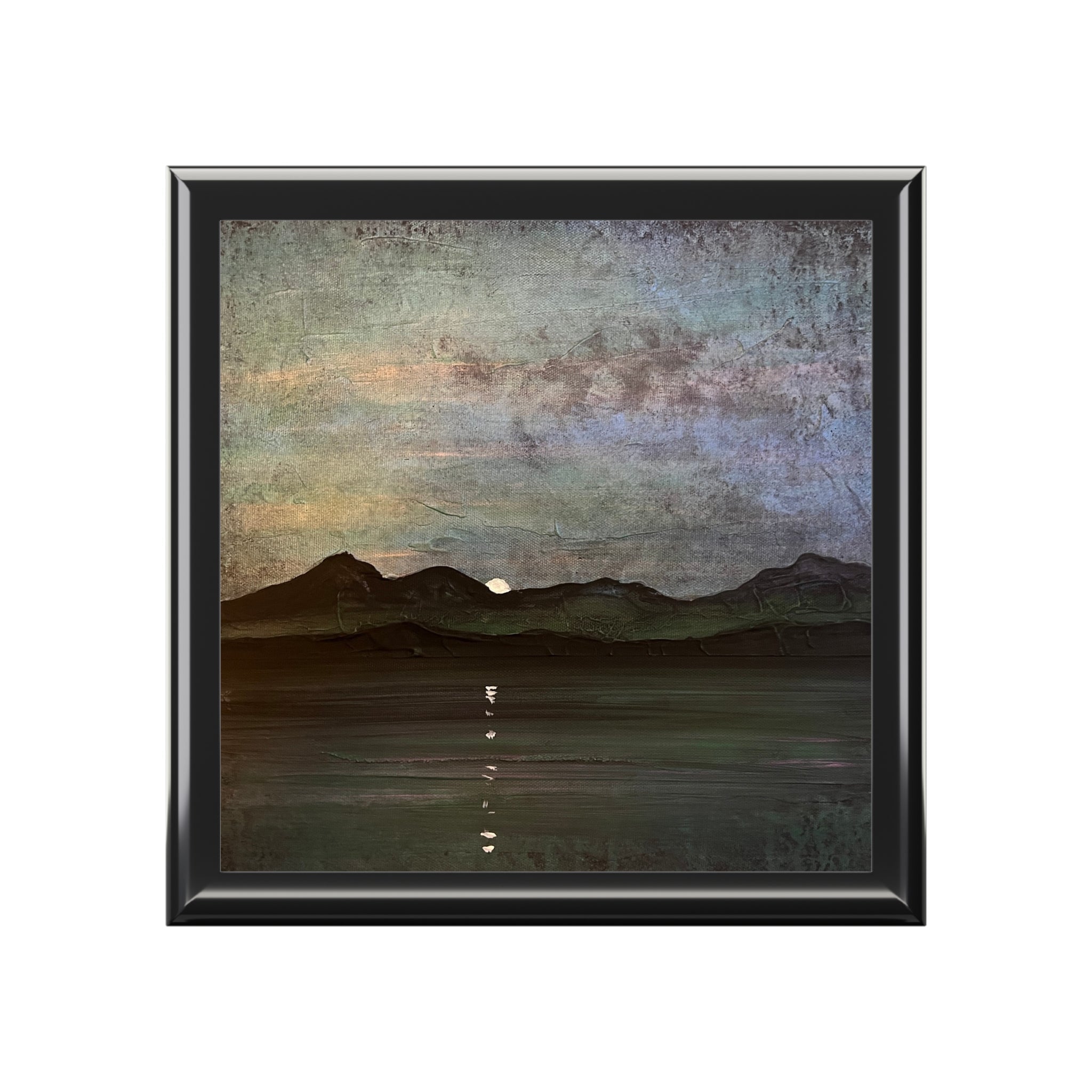Black-framed square artwork of moody textured landscape in muted greens and purples under twilight sky, Sleeping Warrior Moonlight Arran Scotland jewellery box