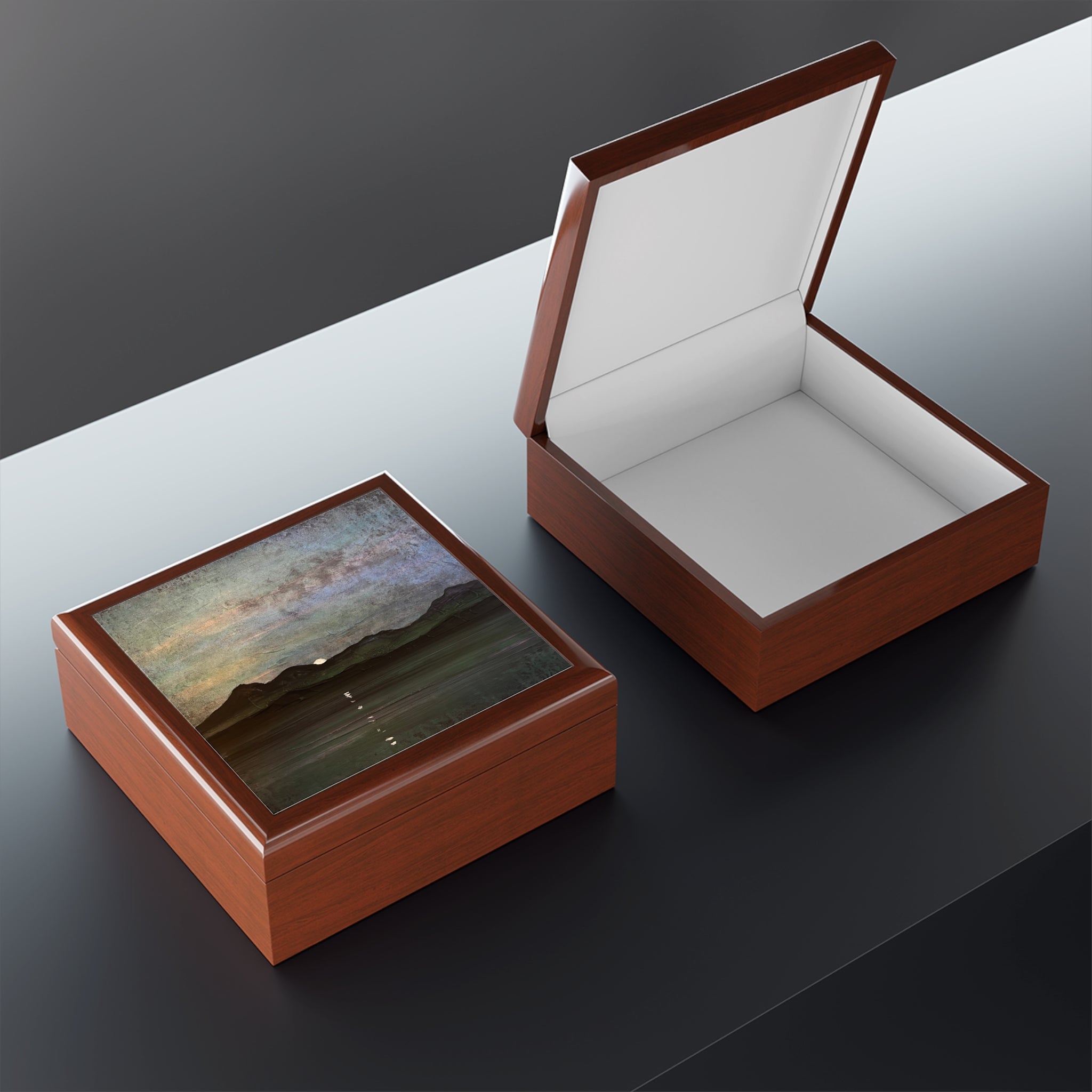 Brown wooden jewelry box with clear lid showing Sleeping Warrior Moonlight Arran landscape print