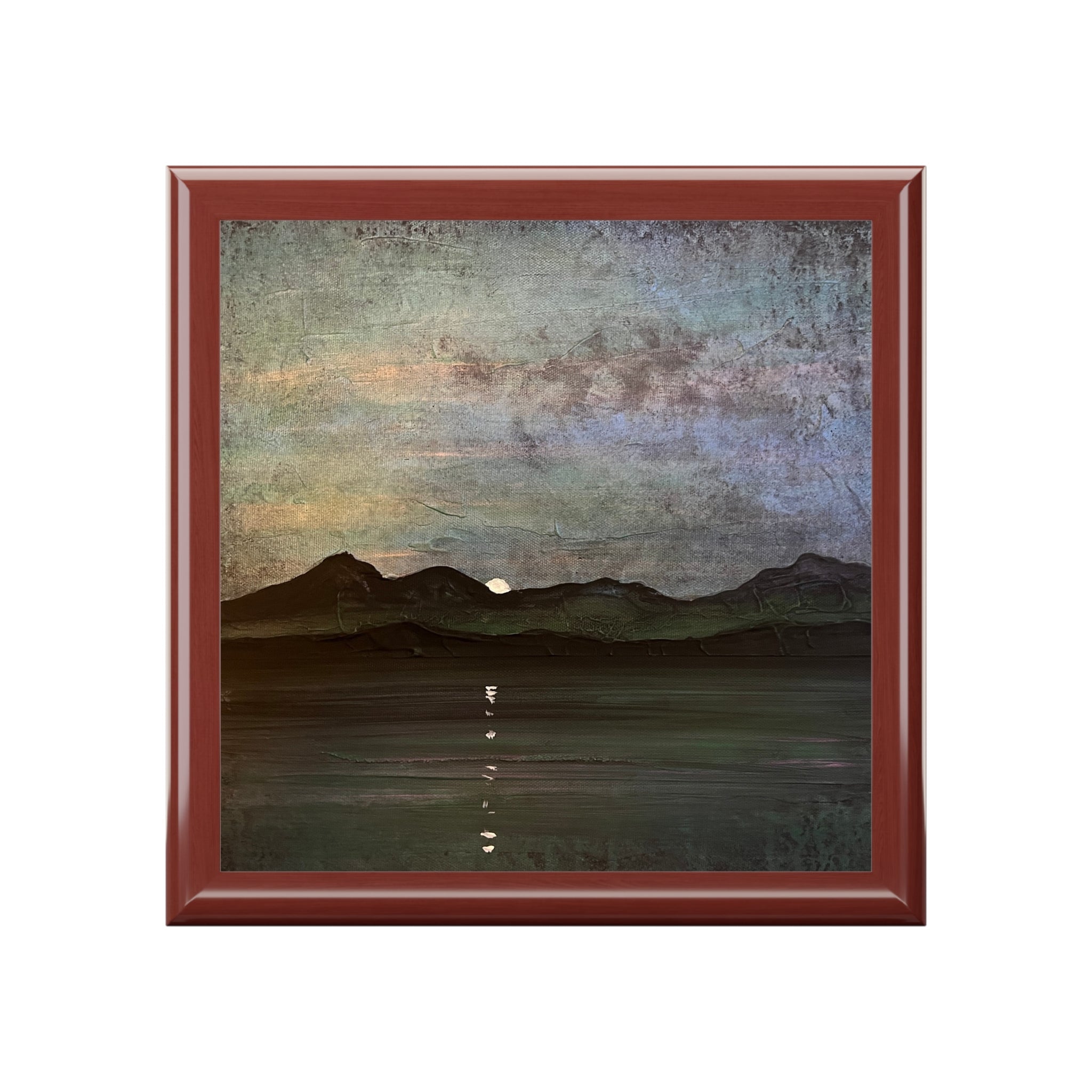 Sleeping Warrior Moonlight Arran square ceramic tile with reddish-brown frame, impressionistic Scottish mountains and water landscape under textured sky