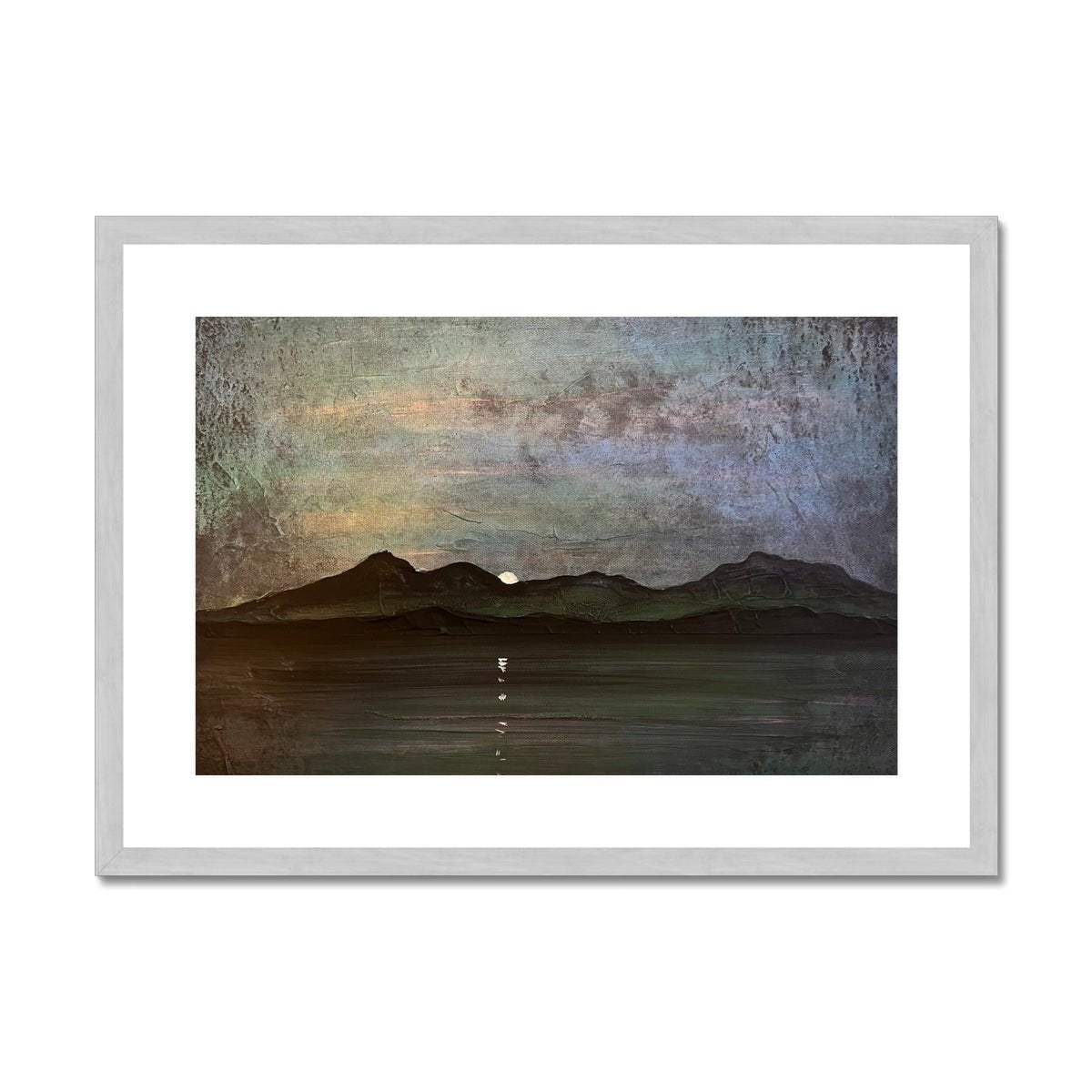 Sleeping Warrior Moonlight Arran Painting | Antique Framed & Mounted Prints From Scotland-Antique Framed & Mounted Prints-Arran Art Gallery-A2 Landscape-Silver Frame-Paintings, Prints, Homeware, Art Gifts From Scotland By Scottish Artist Kevin Hunter