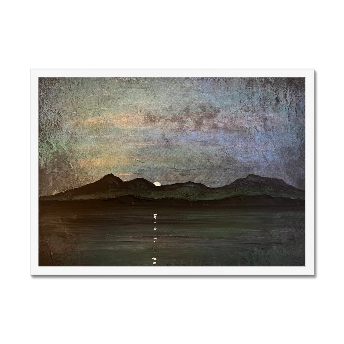 Sleeping Warrior Moonlight Arran Painting | Framed Prints From Scotland-Framed Prints-Arran Art Gallery-A2 Landscape-White Frame-Paintings, Prints, Homeware, Art Gifts From Scotland By Scottish Artist Kevin Hunter