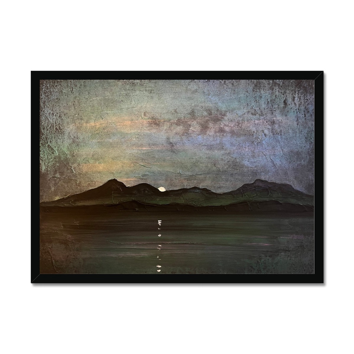 Sleeping Warrior Moonlight Arran Painting | Framed Prints From Scotland-Framed Prints-Arran Art Gallery-A2 Landscape-Black Frame-Paintings, Prints, Homeware, Art Gifts From Scotland By Scottish Artist Kevin Hunter