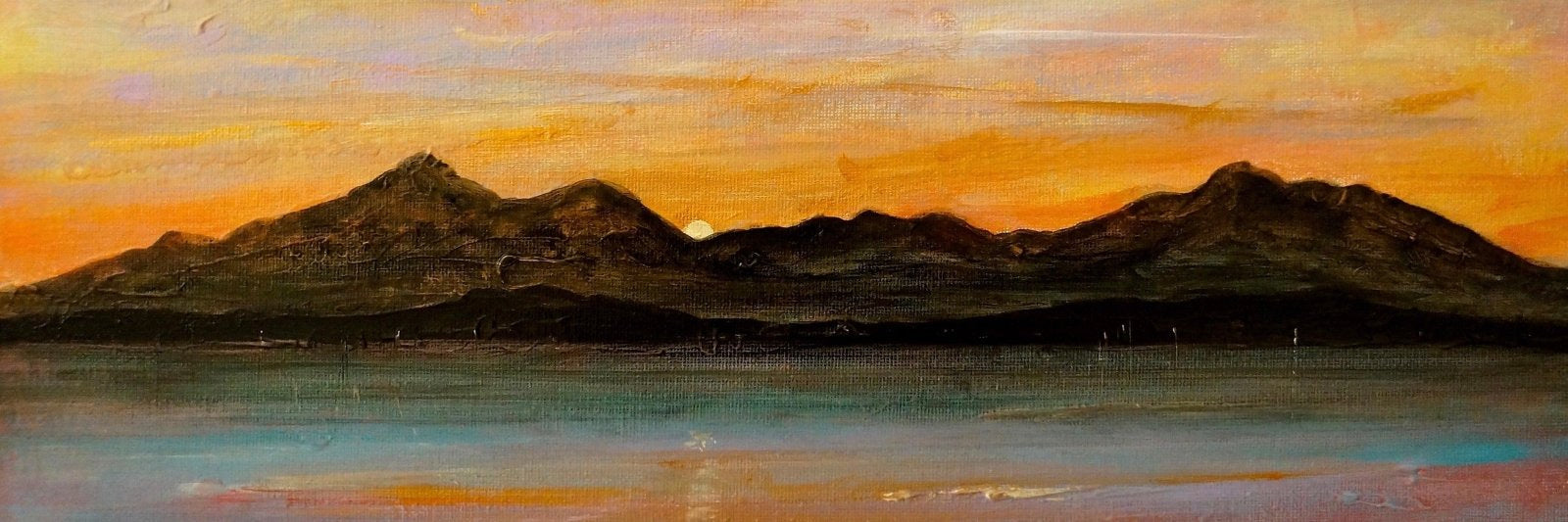 Oil painting of Scottish mountainous landscape at sunset with water reflection for The Sleeping Warrior wall art