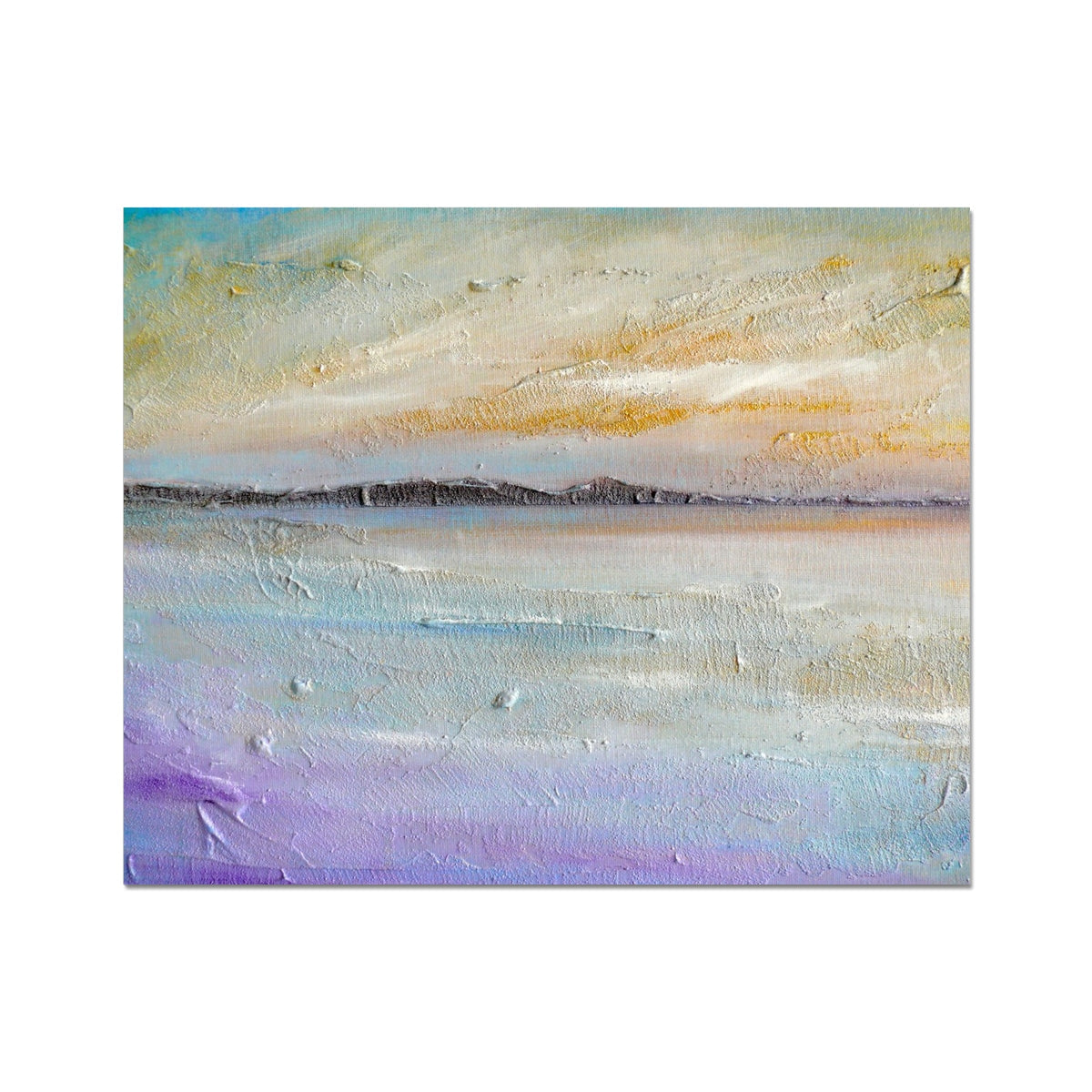 Pastel abstract Sollas Beach print with textured blue, yellow, gold hues