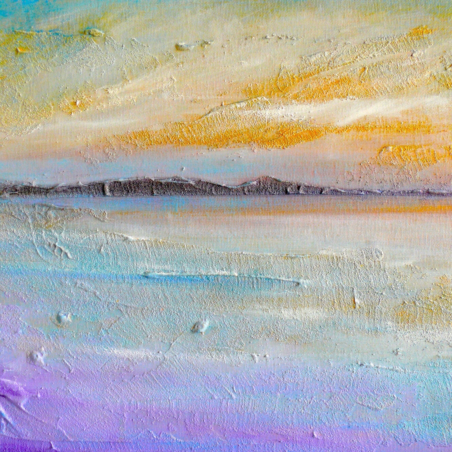 Textured abstract sunset painting over water with distant mountains in Sollas Beach North Uist Scotland