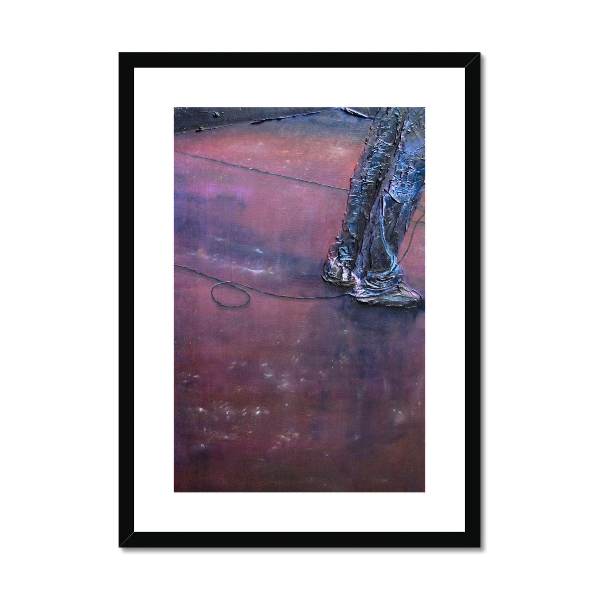 Framed abstract print of metallic legs sculpture in blue silver on reddish-purple surface, Soundcheck Glasgow Barrowlands