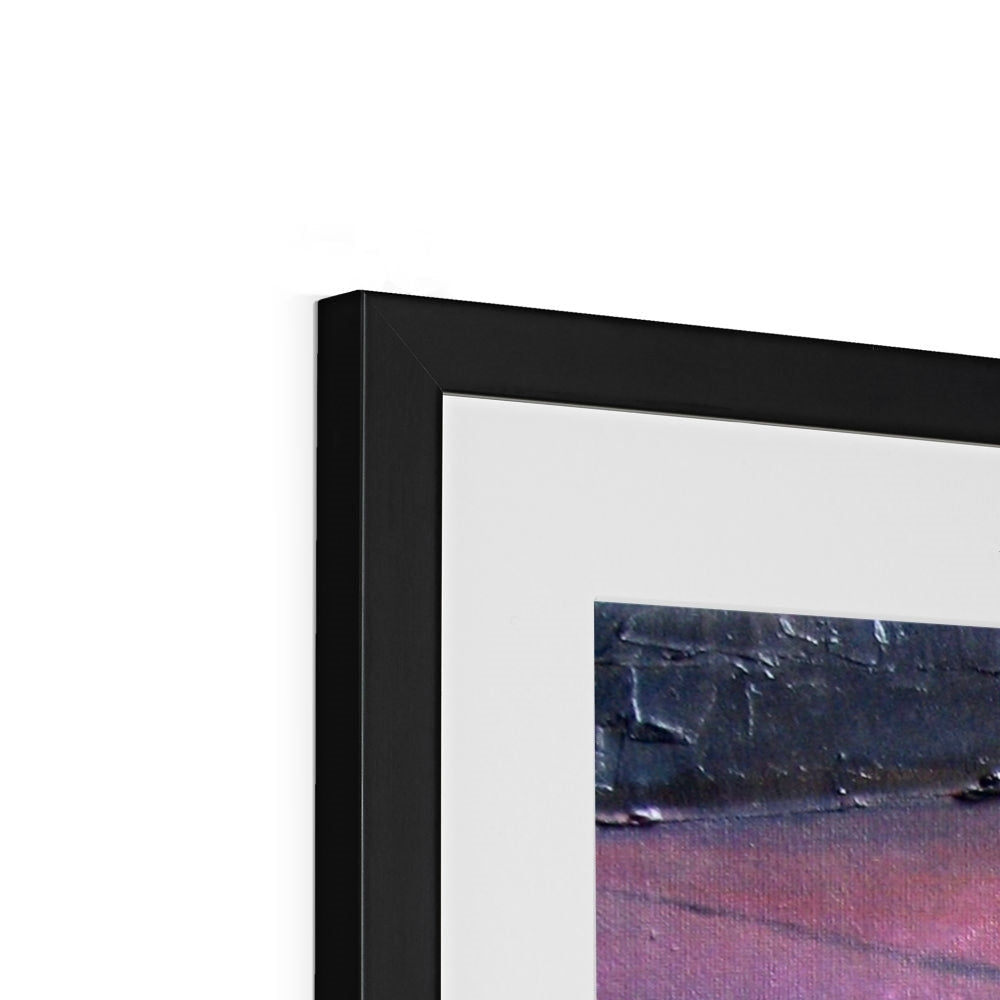 Black framed Soundcheck Glasgow Barrowlands print with textured dark blue pink abstract art