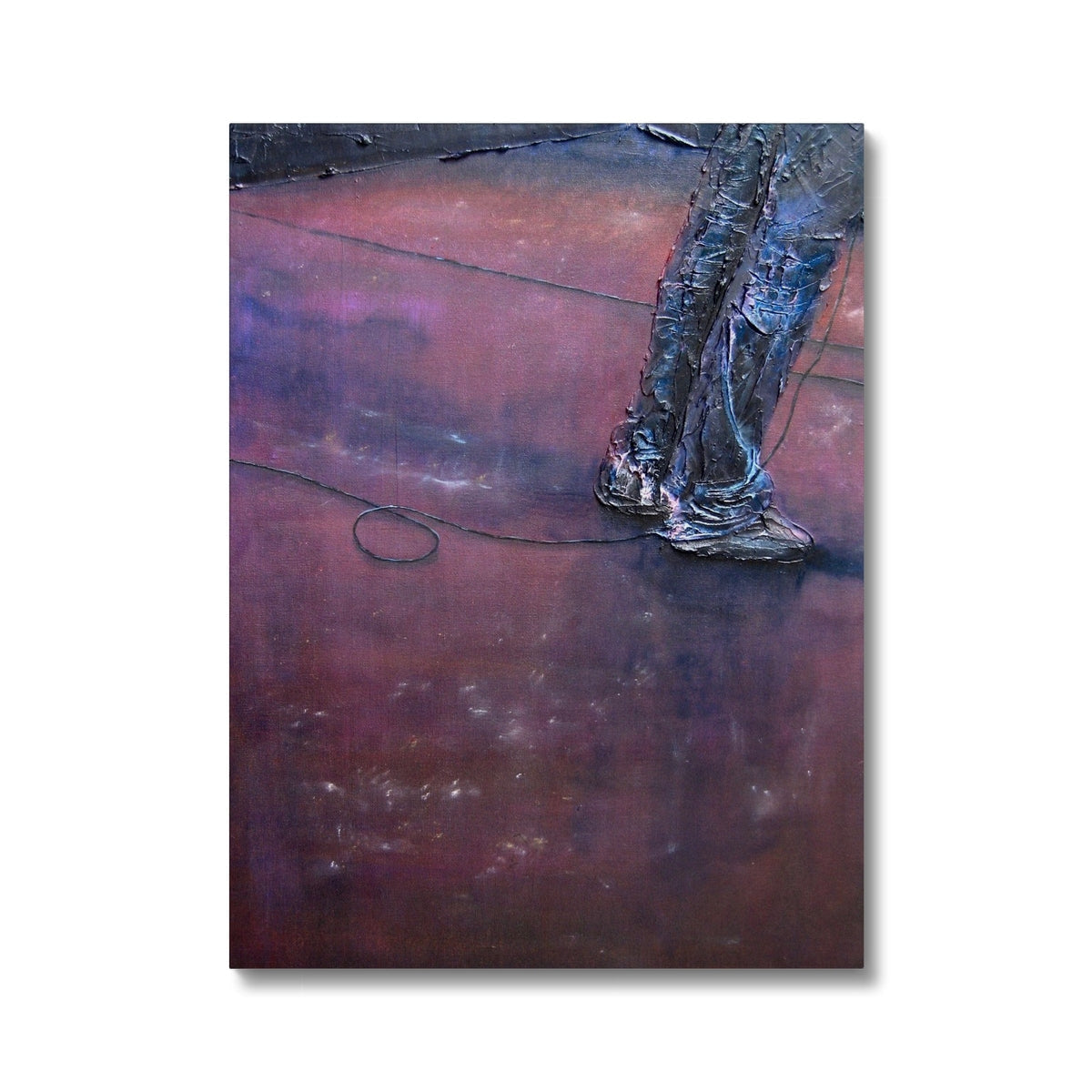 Abstract textured painting of dark blue metallic boots on red purple brown canvas, Soundcheck Glasgow Barrowlands